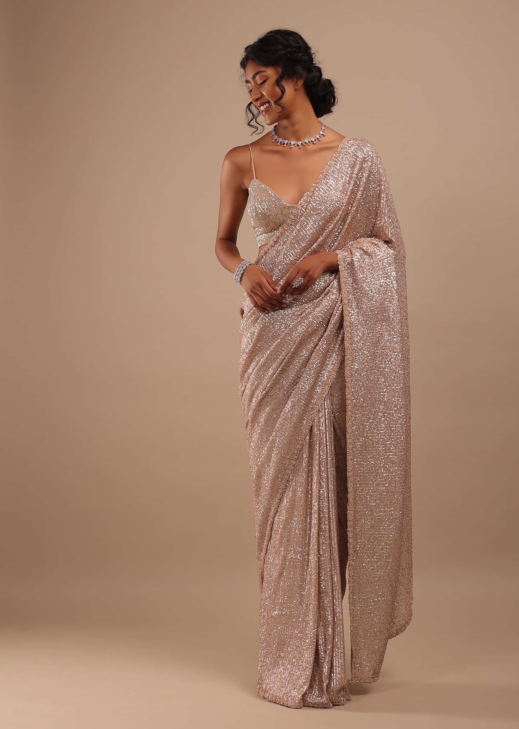Peach Shimmer Saree In Gold Sequins Embroidery With Stones And Beads On The Border