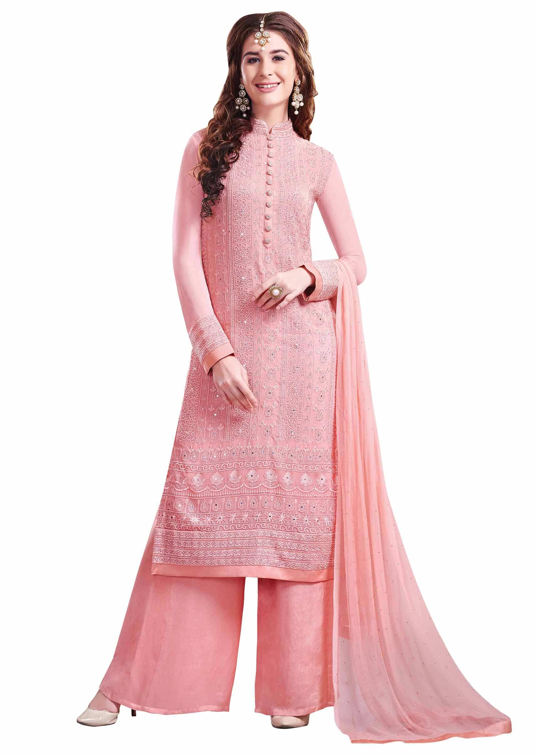 Peach unstitched suit adorn in resham and kundan embroidery