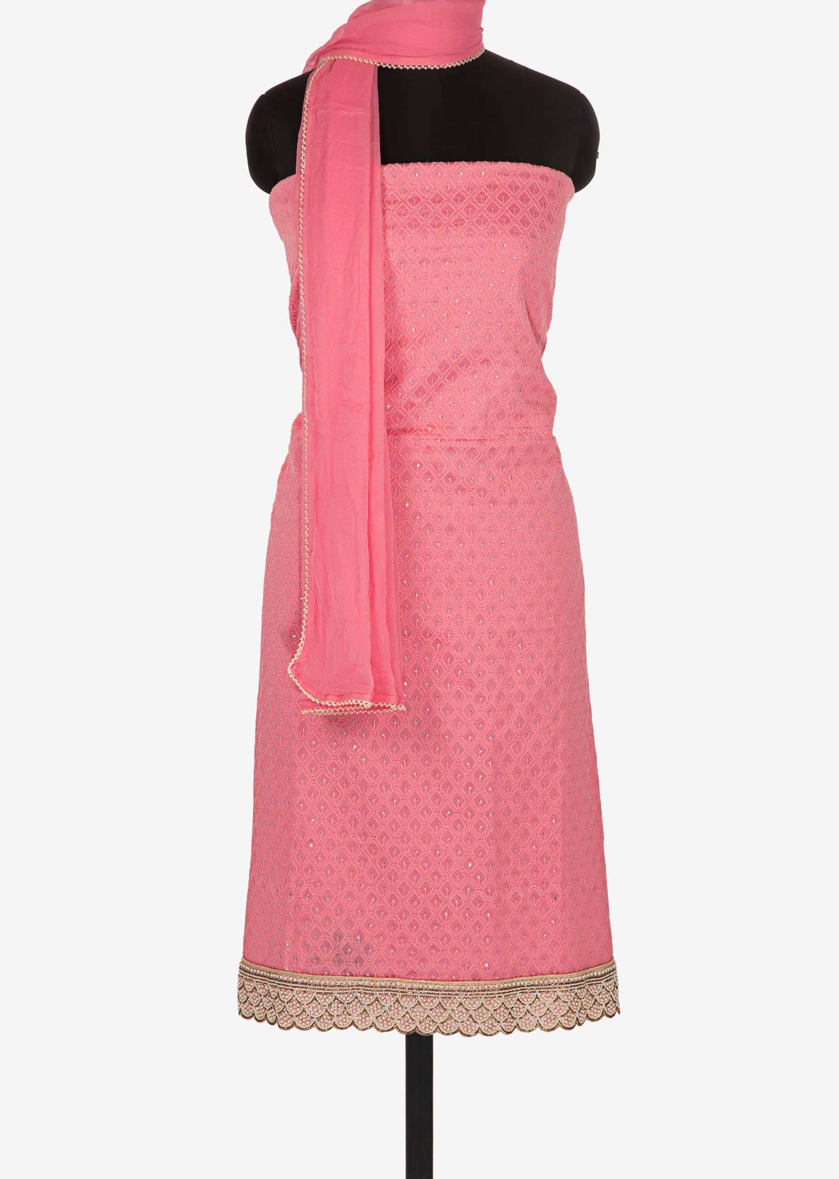 Peach unstitched suit in georgette embellished in moti and cut dana work only on Kalki