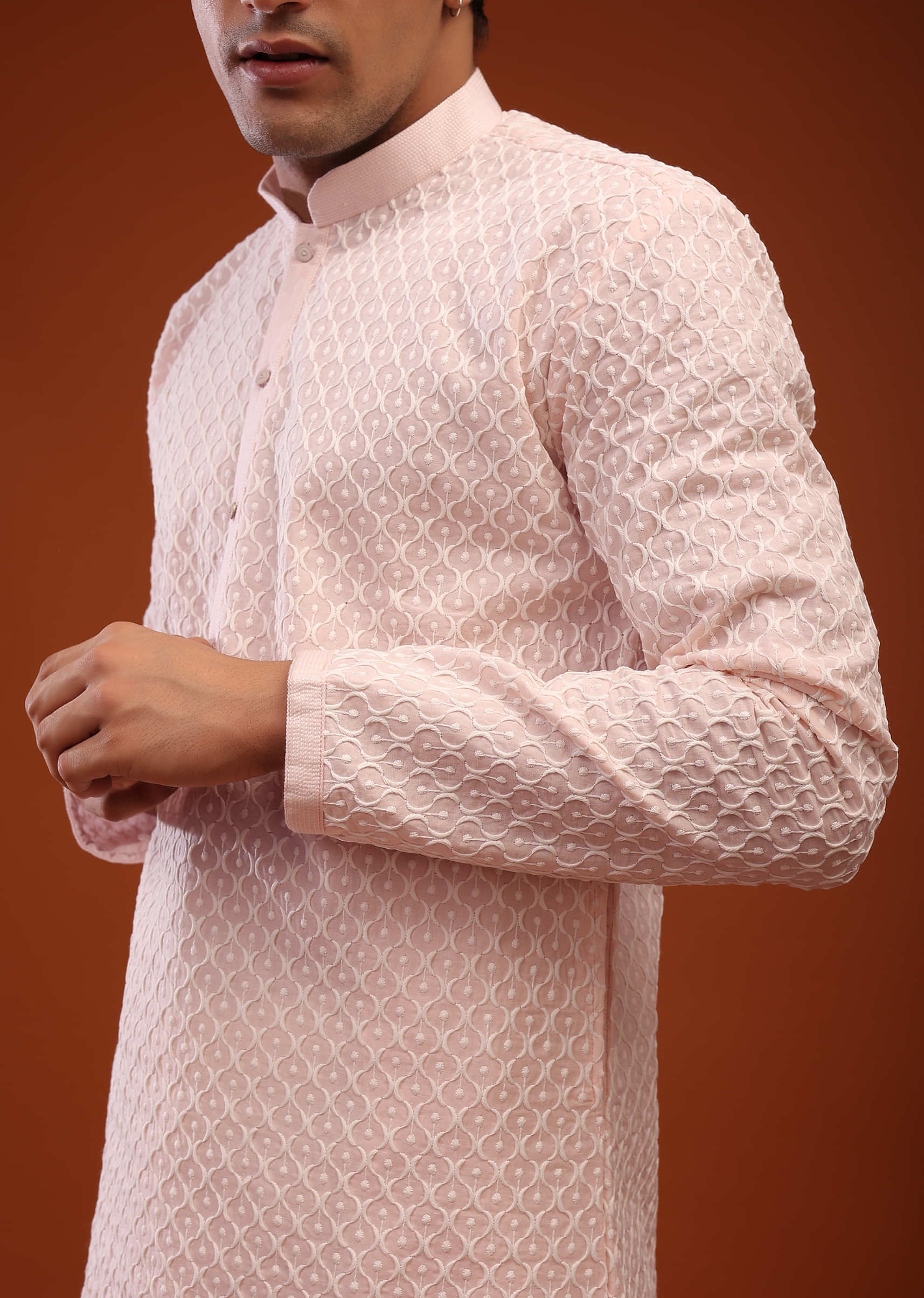 Peach Whip Raw Silk Kurta With Lucknowi Embroidery In Moroccan Jaal