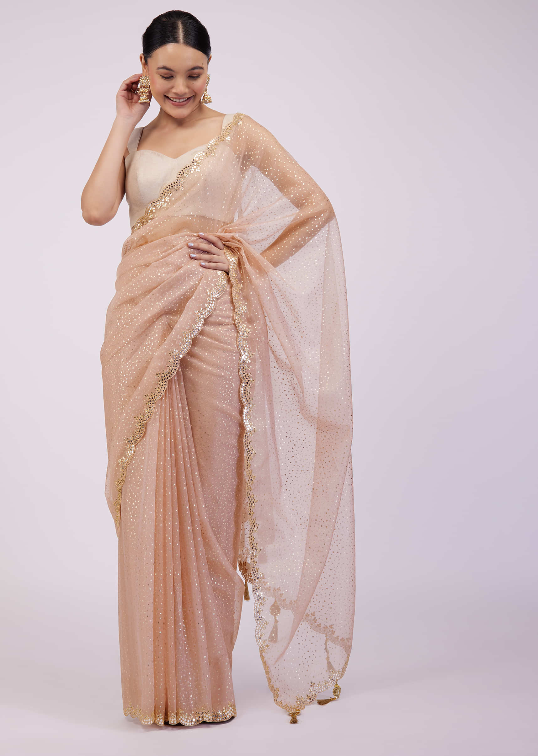 Powder Pink Saree In Organza With Foil Print And Embroidery