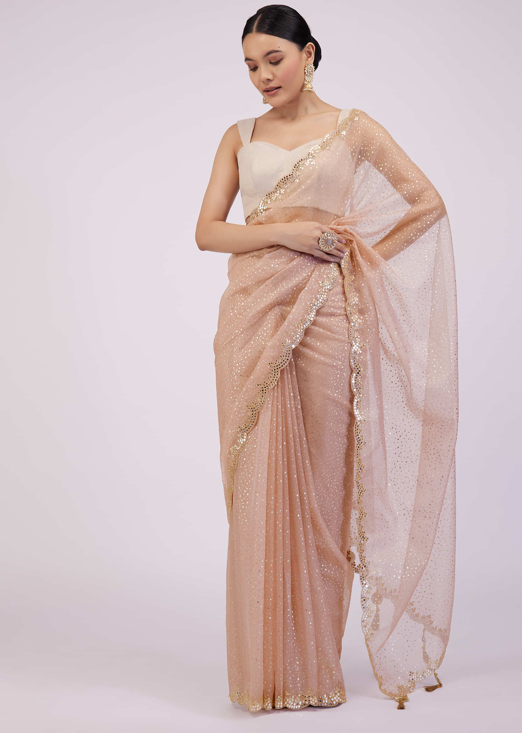 Powder Pink Saree In Organza With Foil Print And Embroidery
