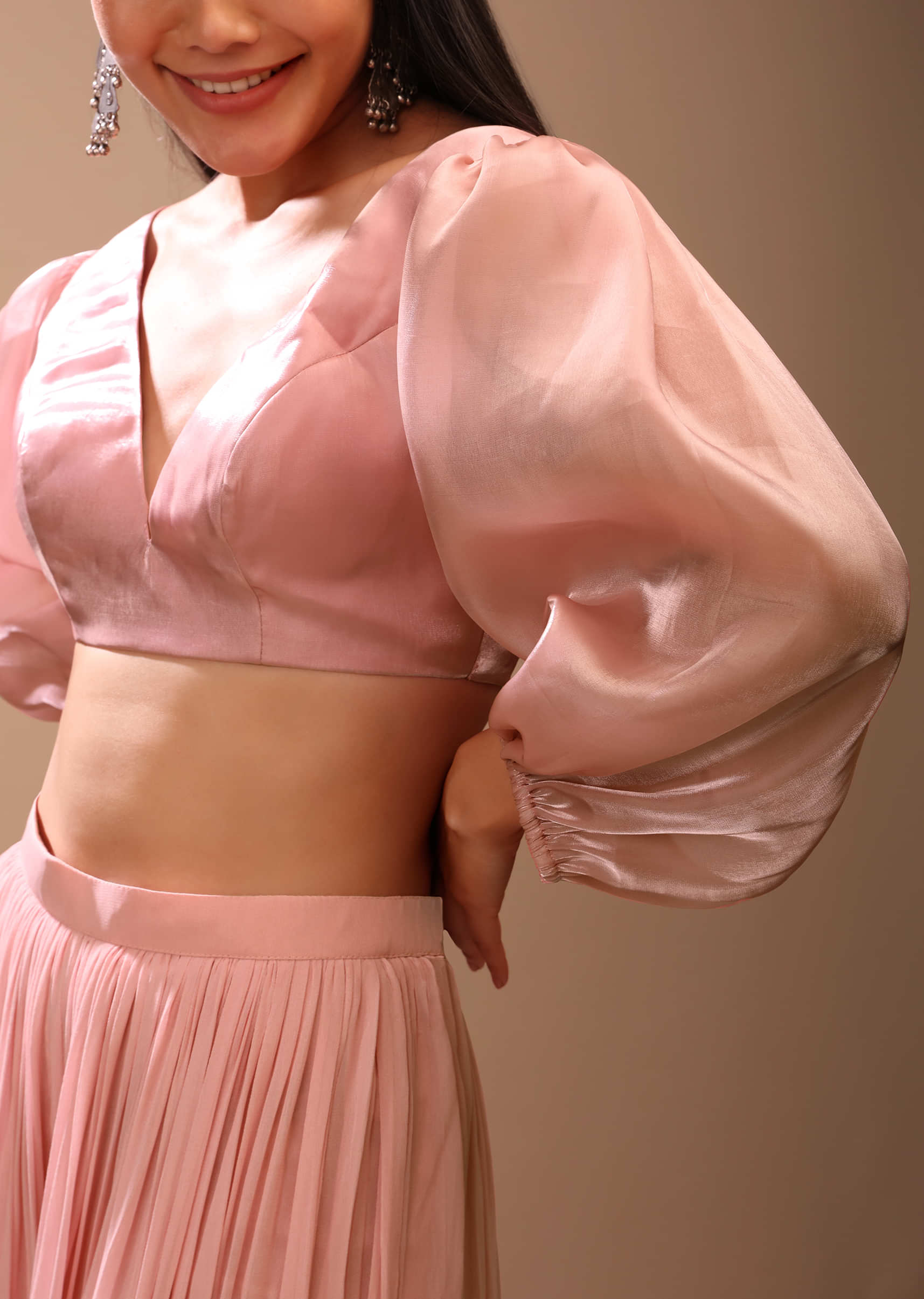 Peach skin Blouse In Organza With Plunging V Neckline And Three Quarter Balloon Sleeves