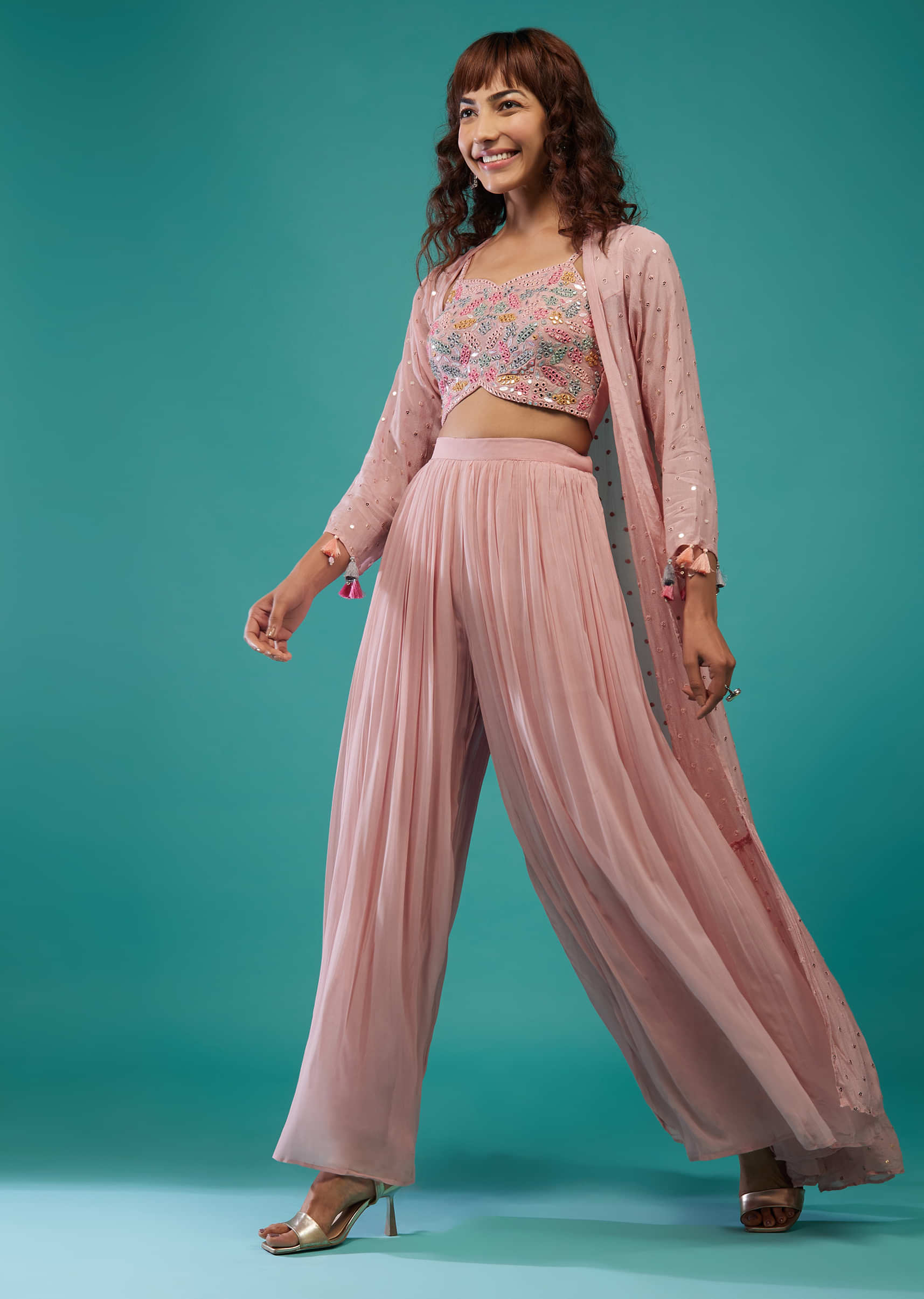Peachy Pink Embroidered Palazzo Crop-Top Set In Georgette With Shrug