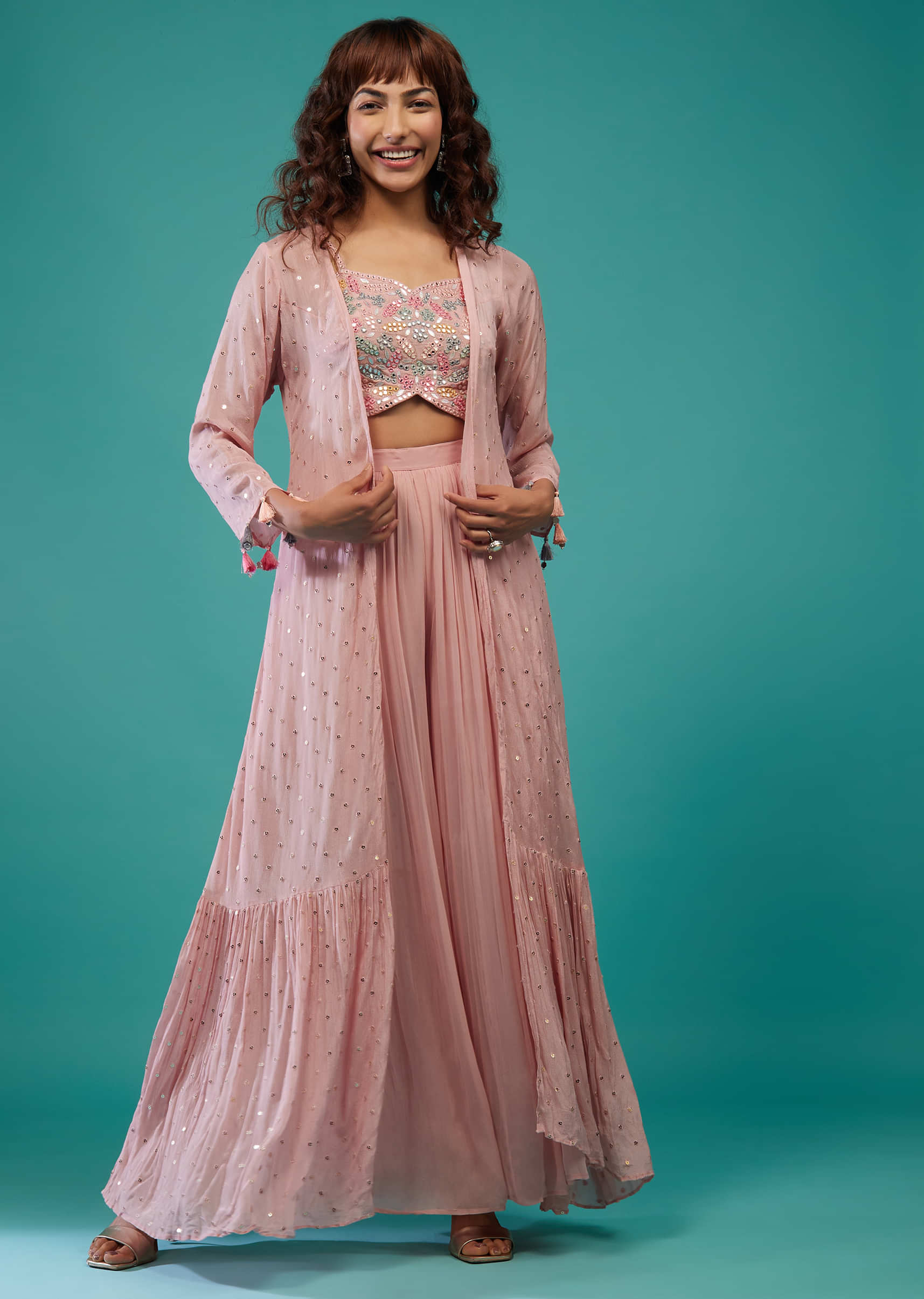 Buy Onion Pink Georgette Mirrors Crop top and Palazzo set with Embroidery