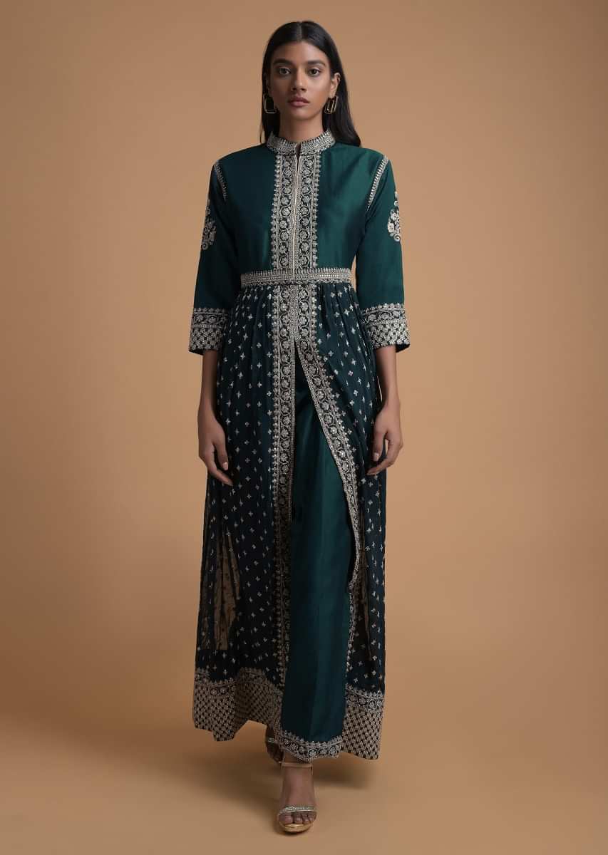 Bottle Green Anarkali Suit With Front Slit And  Embroidered Buttis