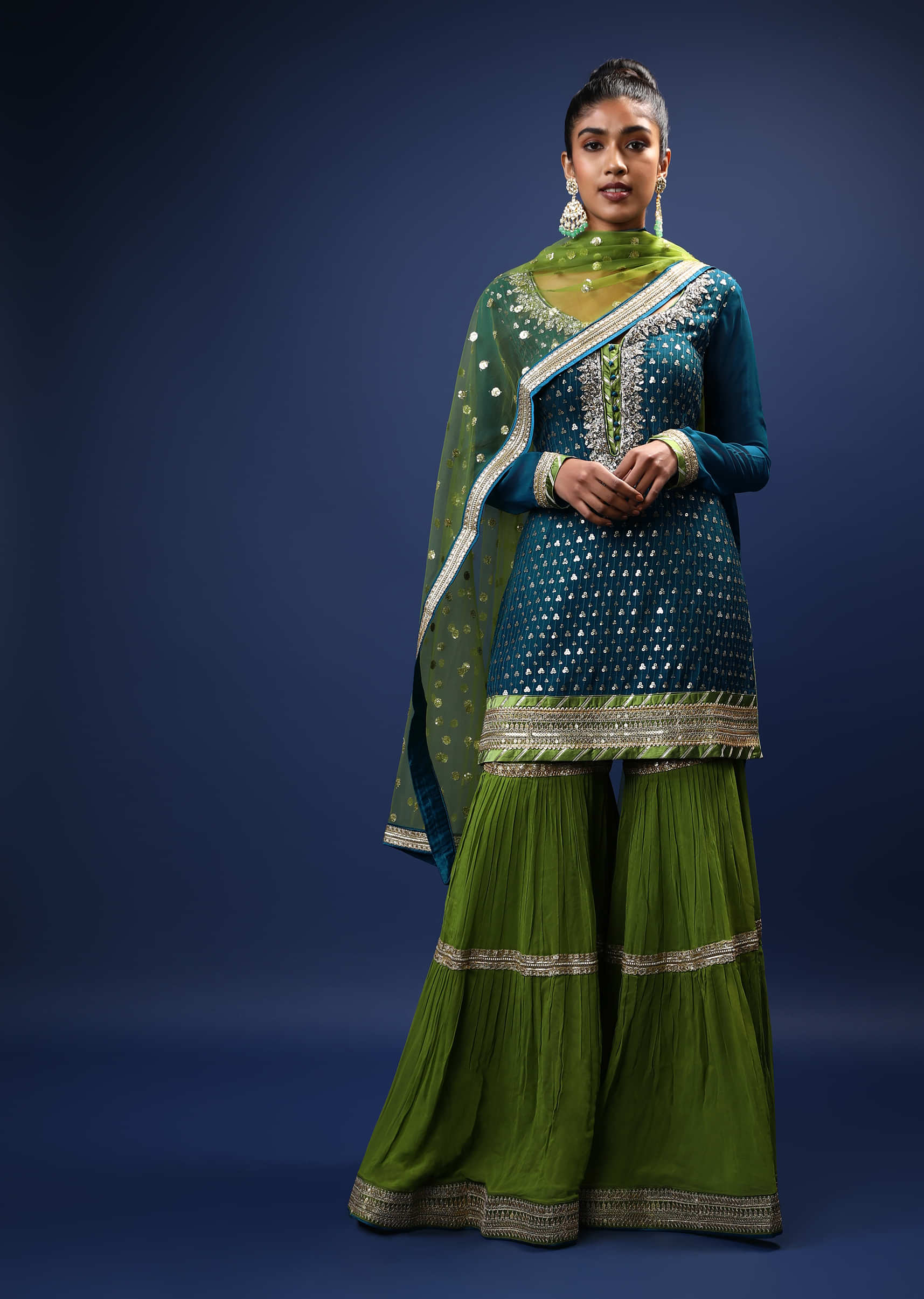 Moss green hilow cape paired with sharara pants  Arpita Mehta Official