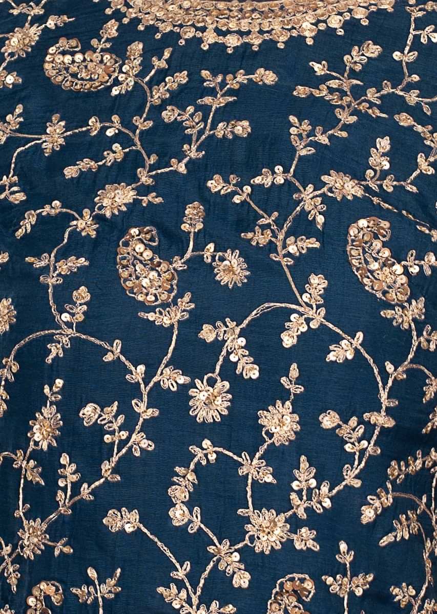 Peacock blue cotton silk palazzo suit set in zari embroidery 