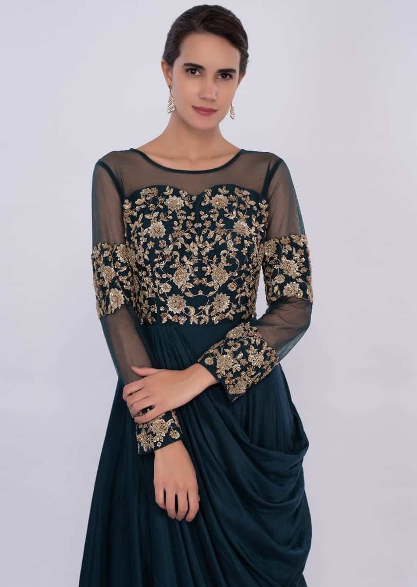 Peacock Blue Gown With Cowl Drape And Embroidered Bodice Online - Kalki Fashion