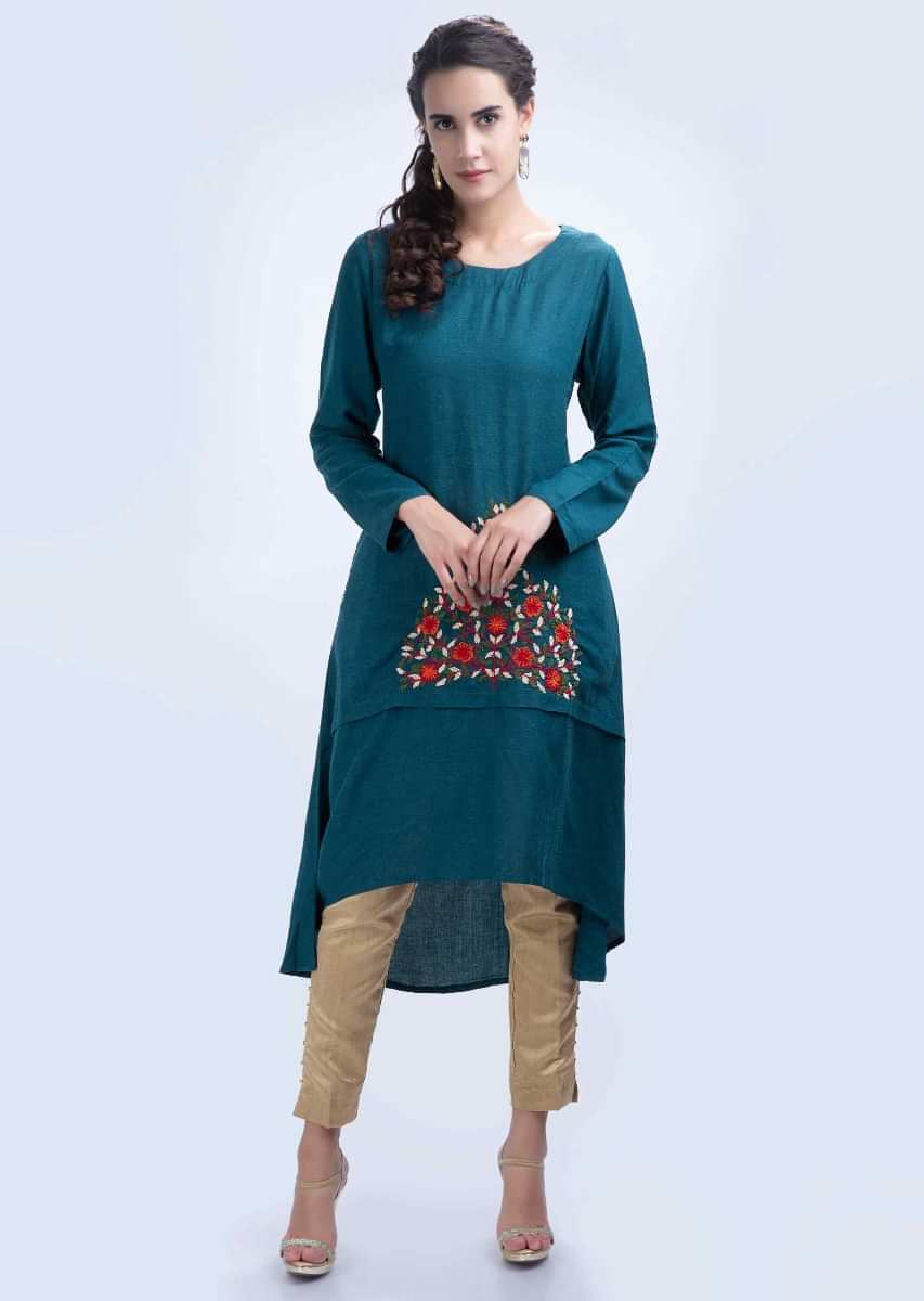 Buy Peacock Blue High Low Kurti With Floral Embroidered Butti Online ...