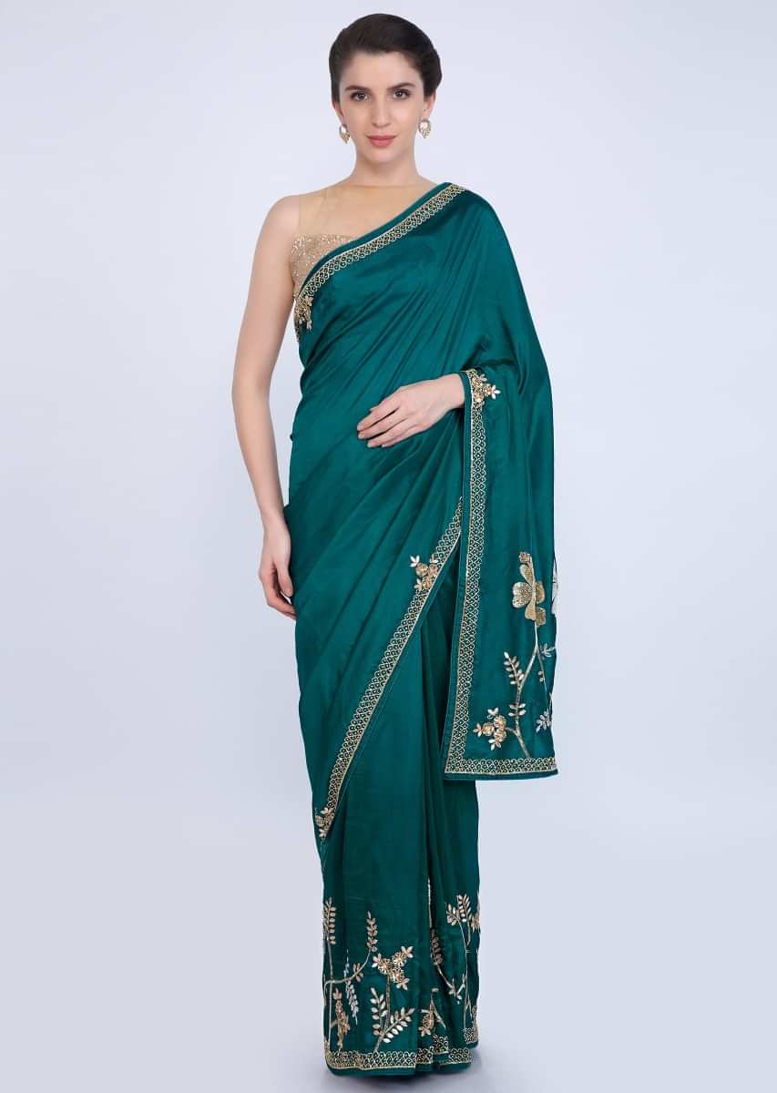 Peacock Blue Saree With Embroidered Lower Bottom And Pallu In Floral Motif Online - Kalki Fashion