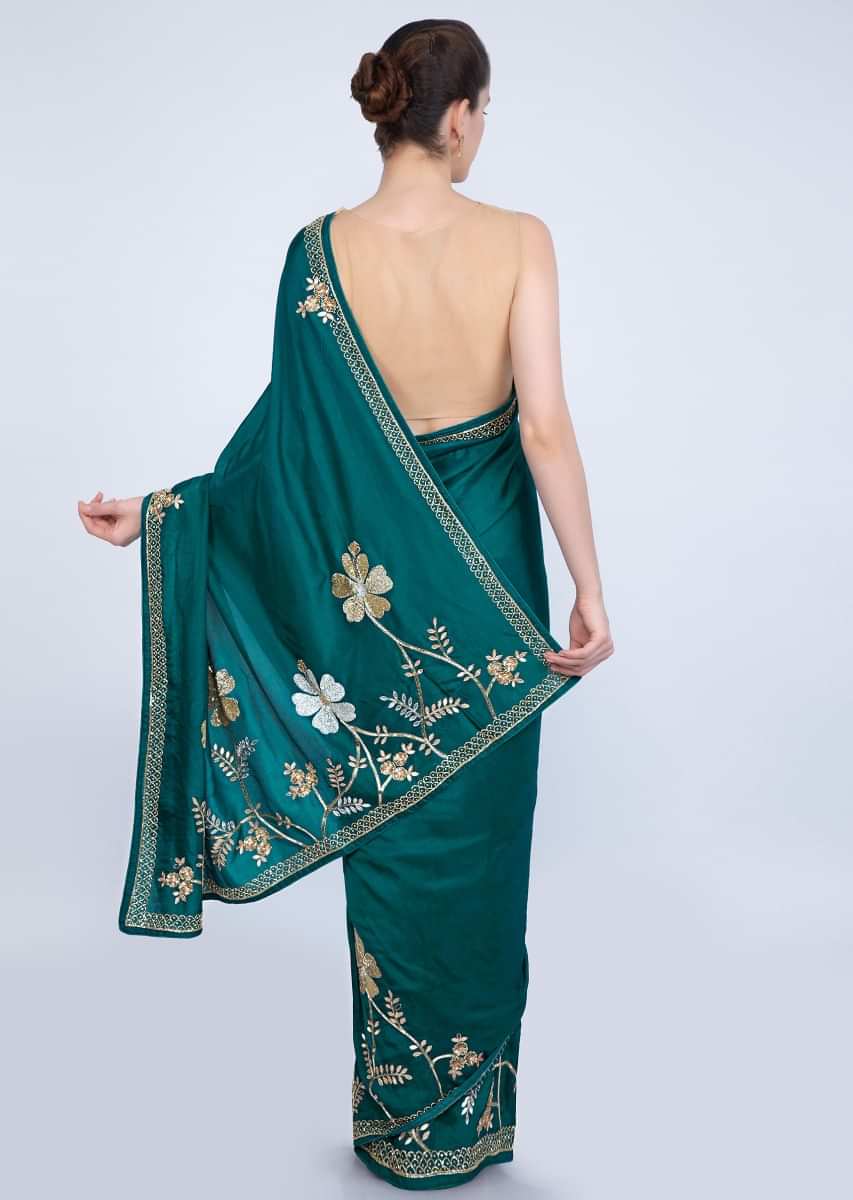 Peacock Blue Saree With Embroidered Lower Bottom And Pallu In Floral Motif Online - Kalki Fashion