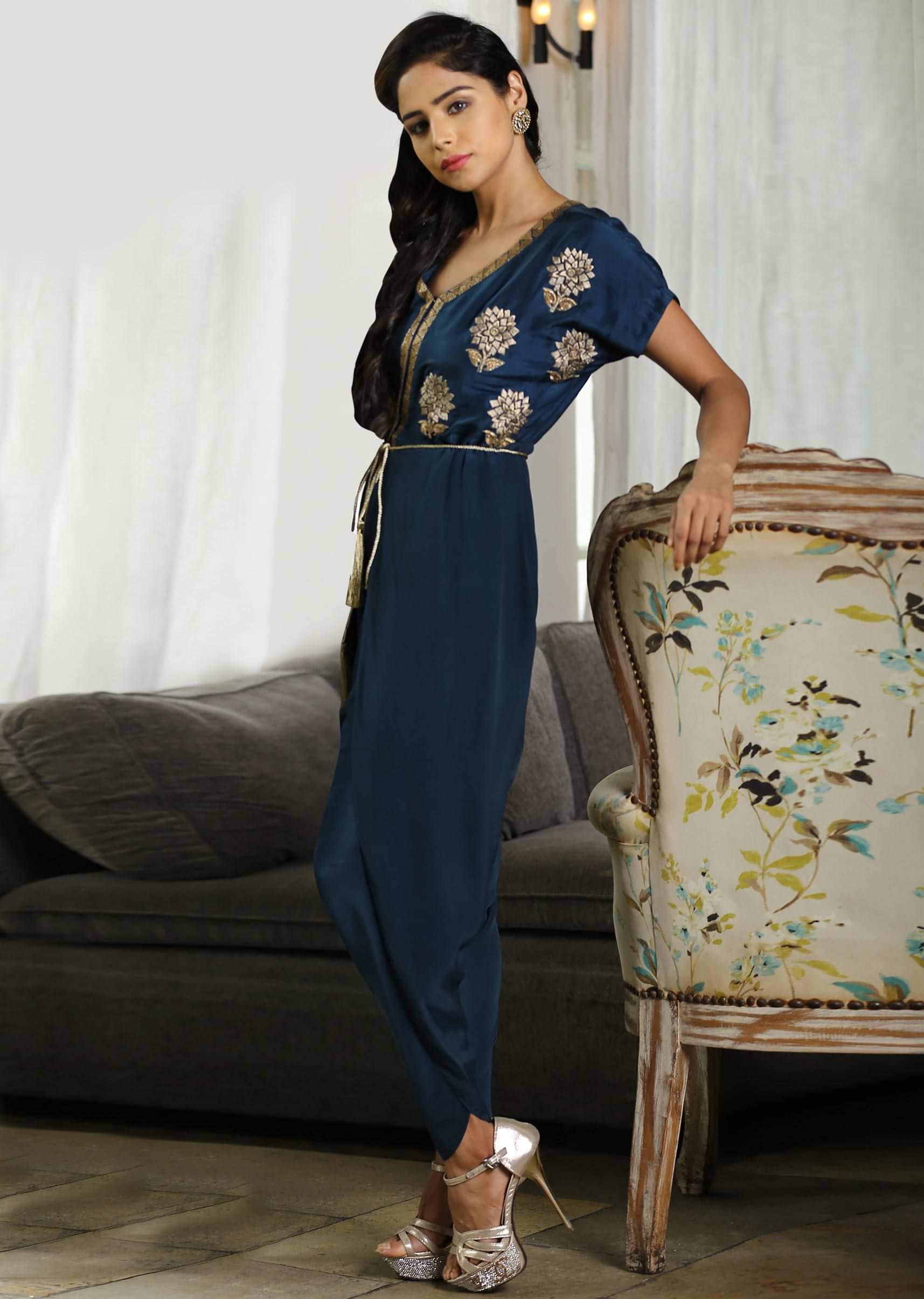 Peacock blue silk jumpsuit with additional georgette layer in dhoti style