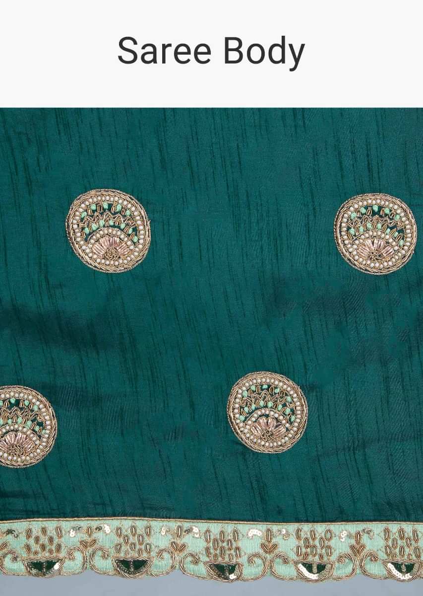 Peacock green dupion silk saree with embroidered butti and border only on kalki