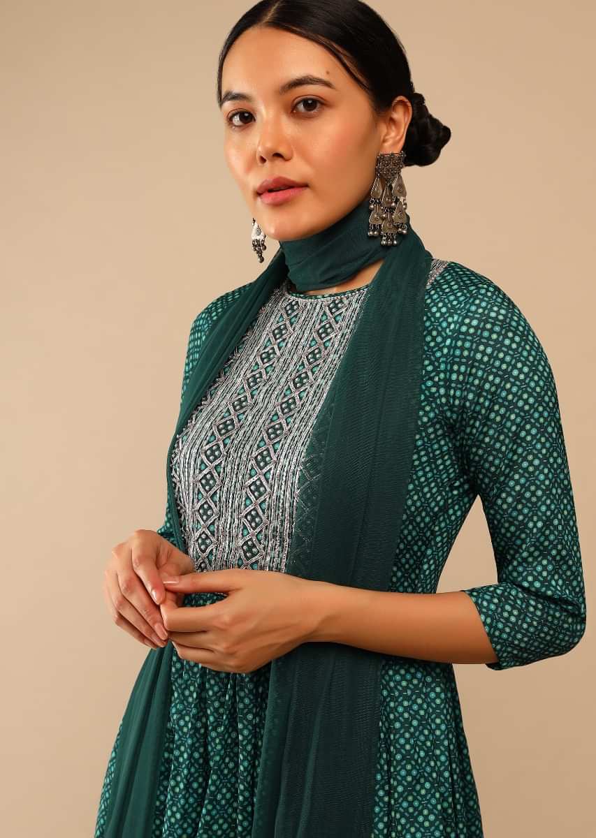 Peacock Green Sharara Suit In Crepe With Bandhani And Lehariya Print Paired With Moti Embroidered Peplum Kurti  