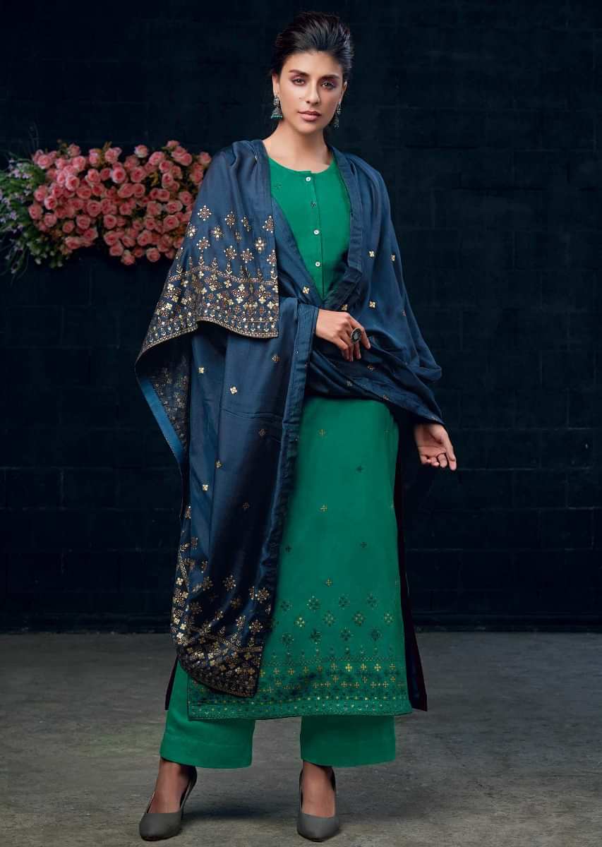 Peacock green unstitched suit in cotton silk with foil printed butti