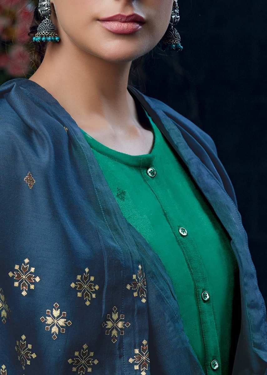 Peacock green unstitched suit in cotton silk with foil printed butti