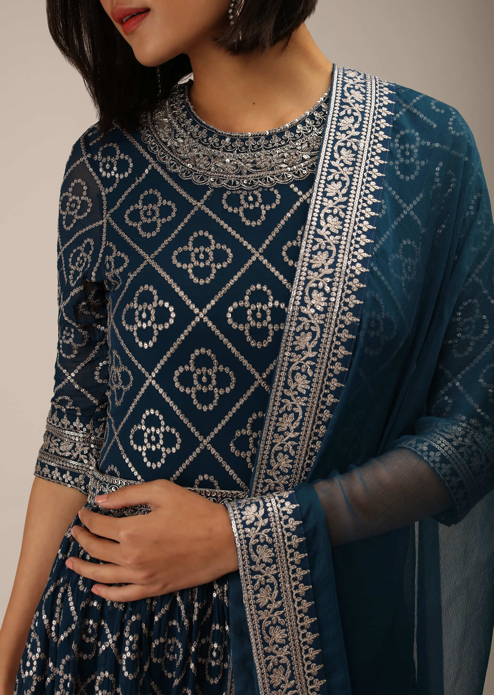 Peacock Blue Anarkali Suit In Georgette With Zari And Sequins Embroidered Jaal And Three Quarter Sleeves