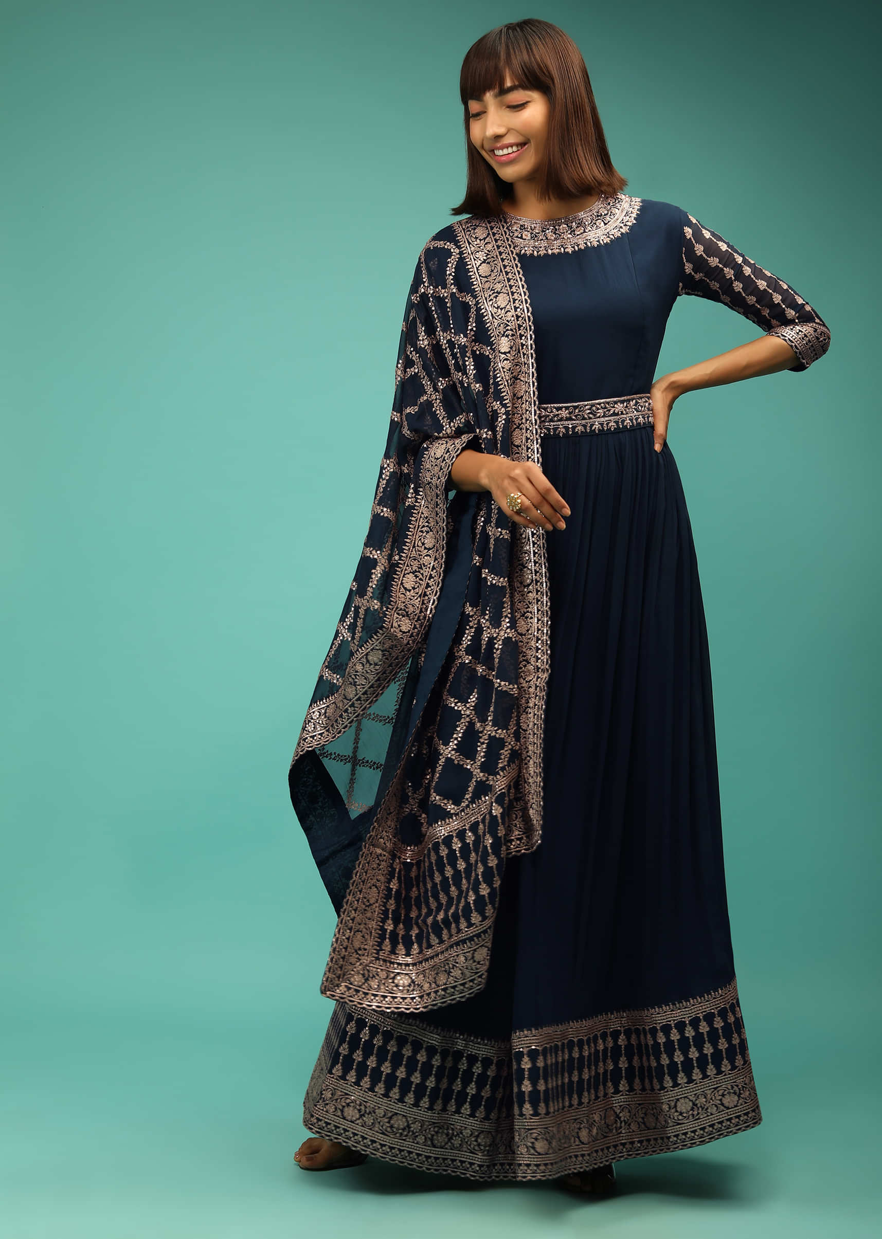 Peacock Blue Anarkali Suit In Georgette With Sequins And Zardosi Embroidery