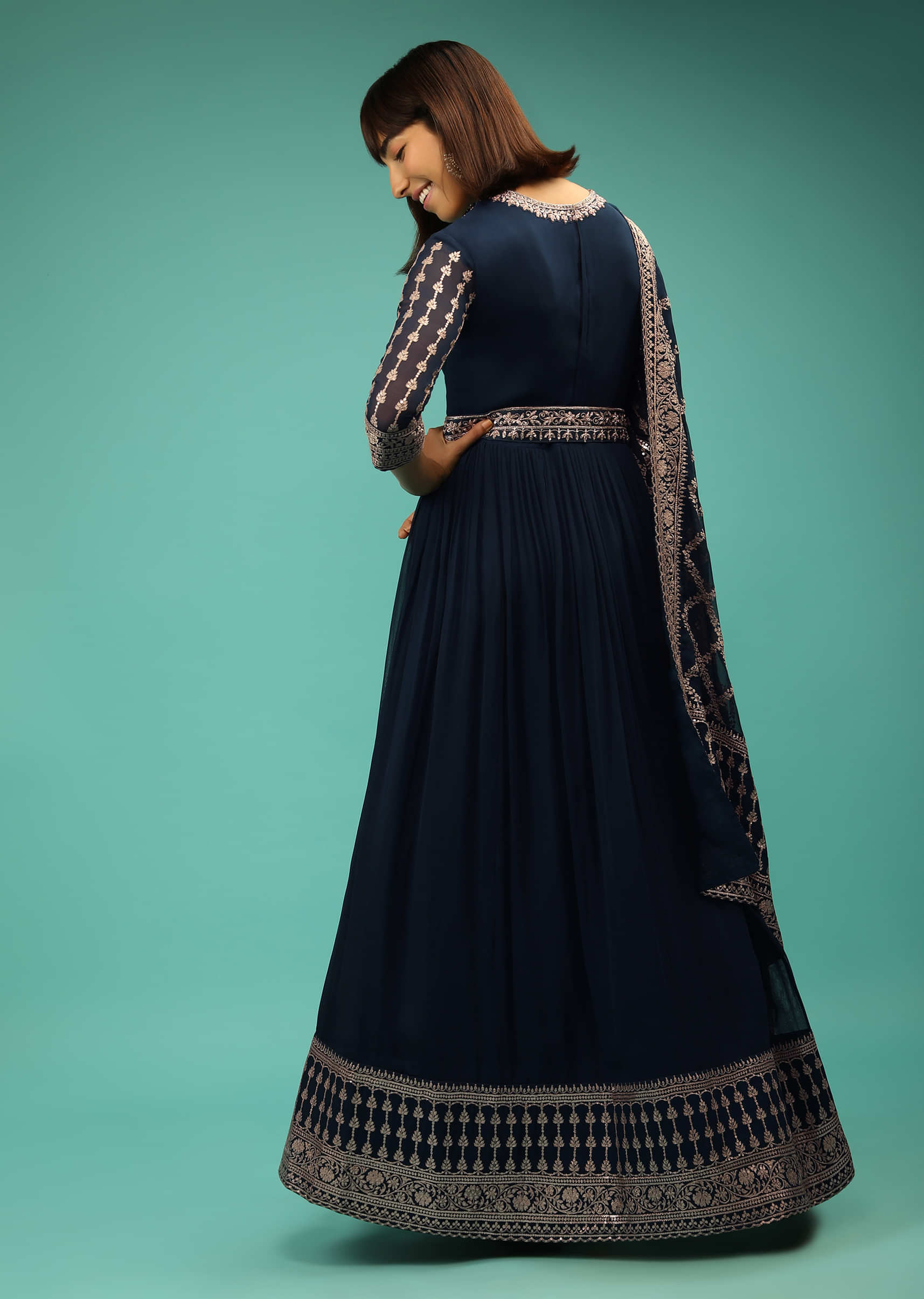Peacock Blue Anarkali Suit In Georgette With Sequins And Zardosi Embroidery