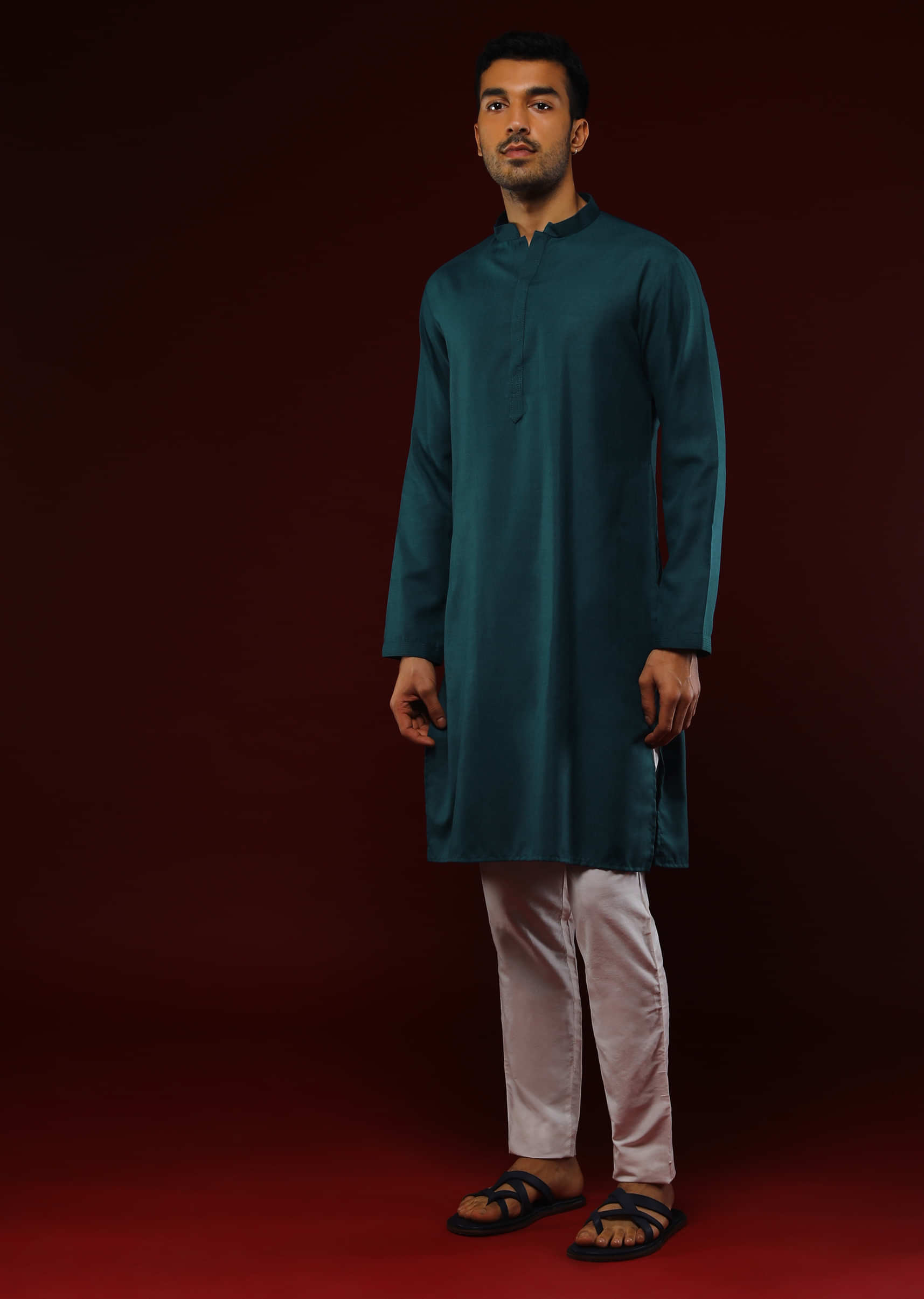 Peacock Blue Kurta Set With Self Resham Embroidery On The Placket