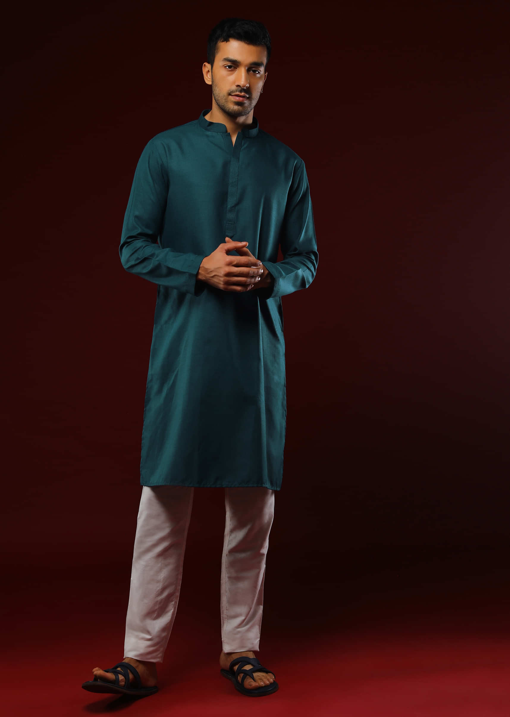 Peacock Blue Nehru Jacket Set With Cream Resham Embroidered Ethnic Design All Over