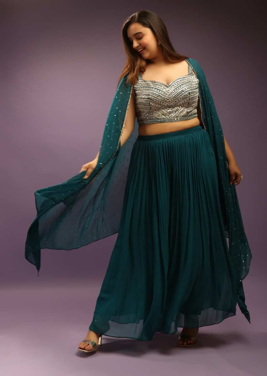 Peacock Blue Palazzo Suit In Georgette With Mirror Embroidered Crop Top And Matching Cape  