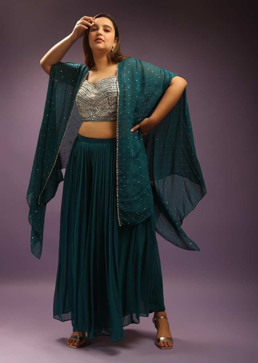 Peacock Blue Palazzo Suit In Georgette With Mirror Embroidered Crop Top And Matching Cape  