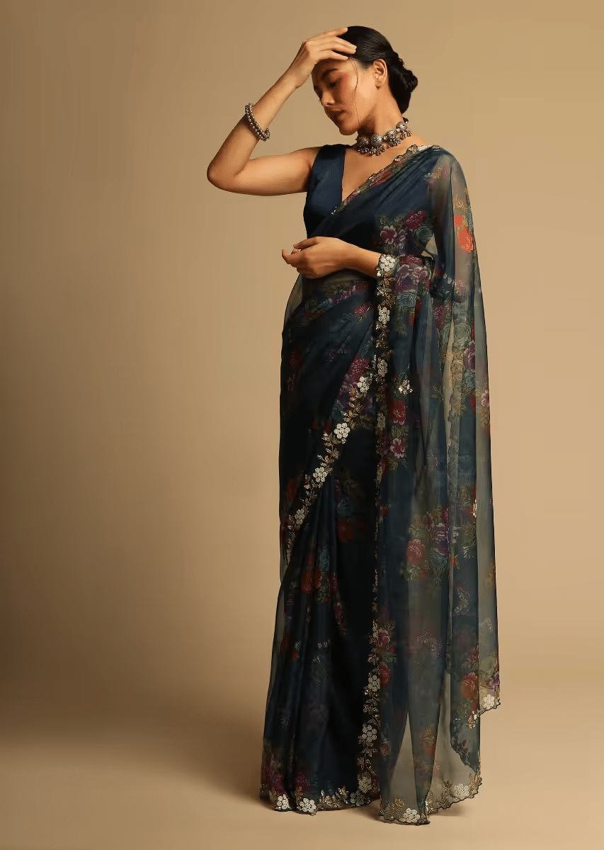 Peacock Blue Saree In Organza With Floral Print All Over And Moti Embroidered Border Along With Unstitched Blouse  