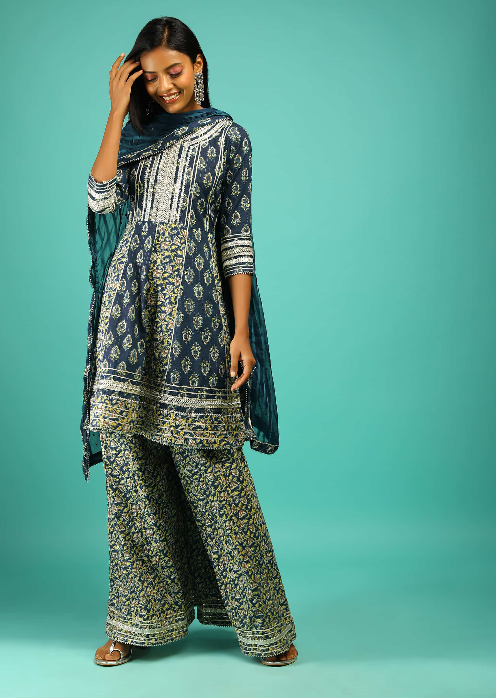 Peacock Blue Sharara Suit In Cotton With Multi Colored Block Printed Floral Buttis And Gotta Lace Work