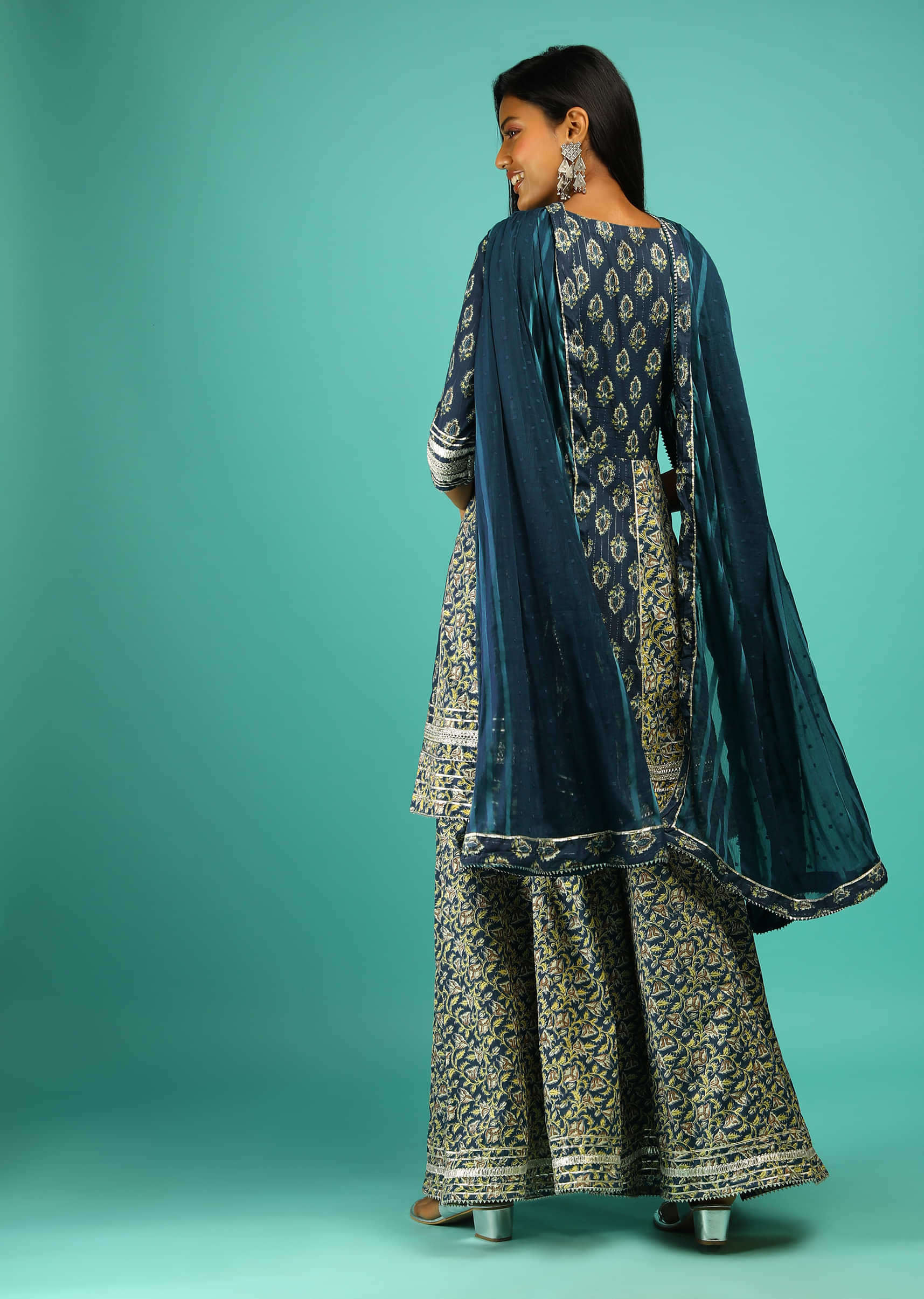 Peacock Blue Sharara Suit In Cotton With Multi Colored Block Printed Floral Buttis And Gotta Lace Work