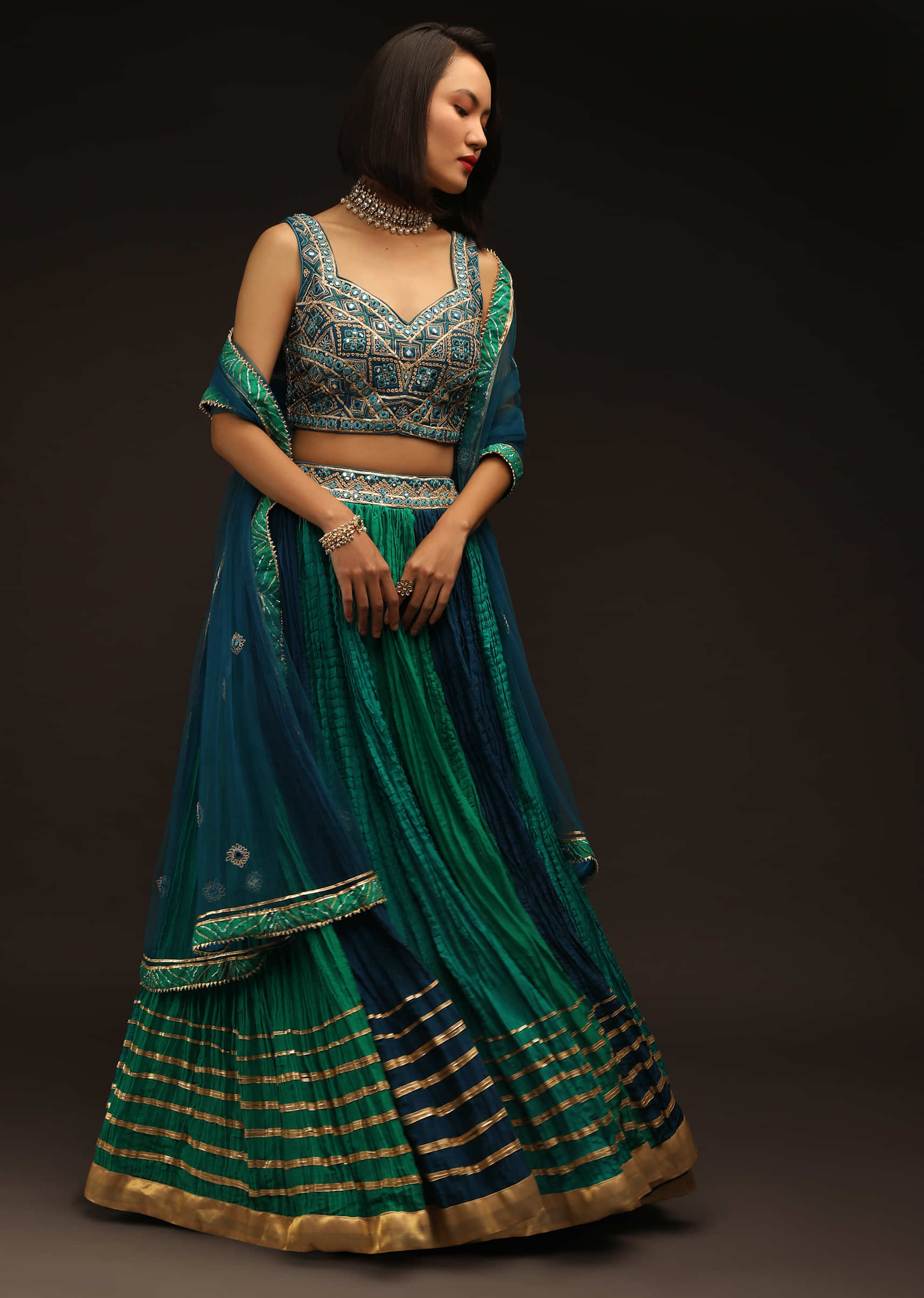 Buy Peacock Blue, Teal And Green Shaded Lehenga With A Abla Embroidered ...