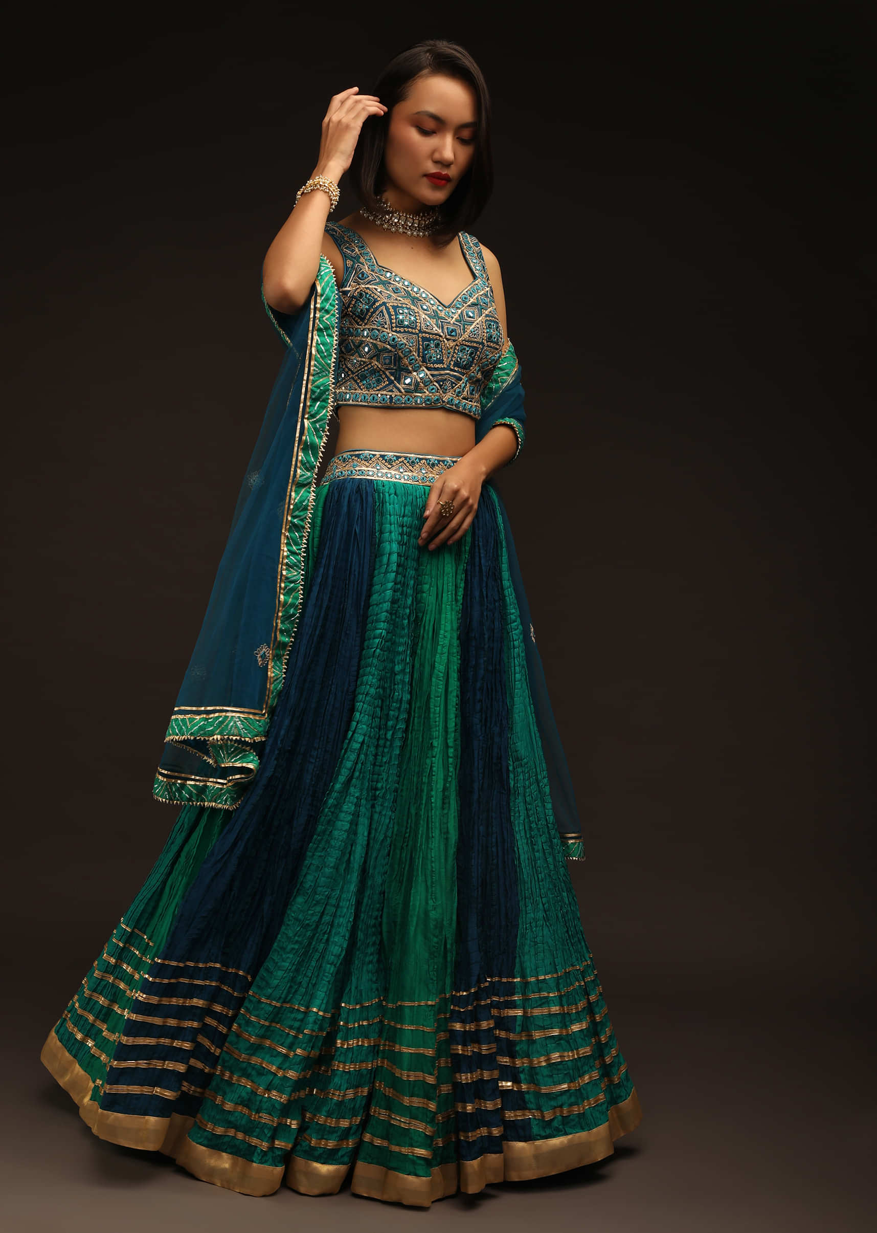 Peacock Blue, Teal And Green Shaded Lehenga With A Abla Embroidered Peacock Blue Choli