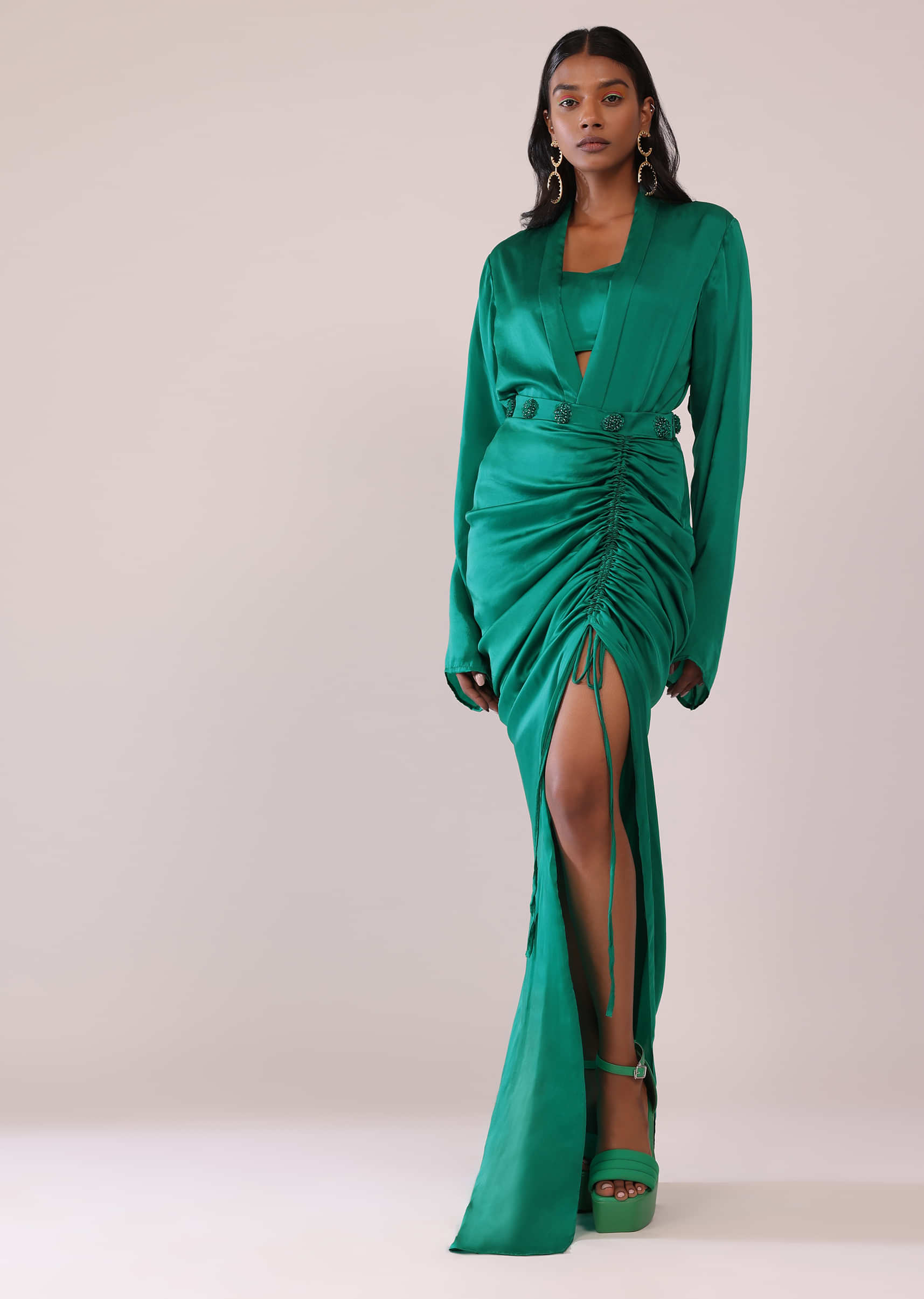 Jade Green Co-ord Shirt And Skirt Set With Bustier In Satin