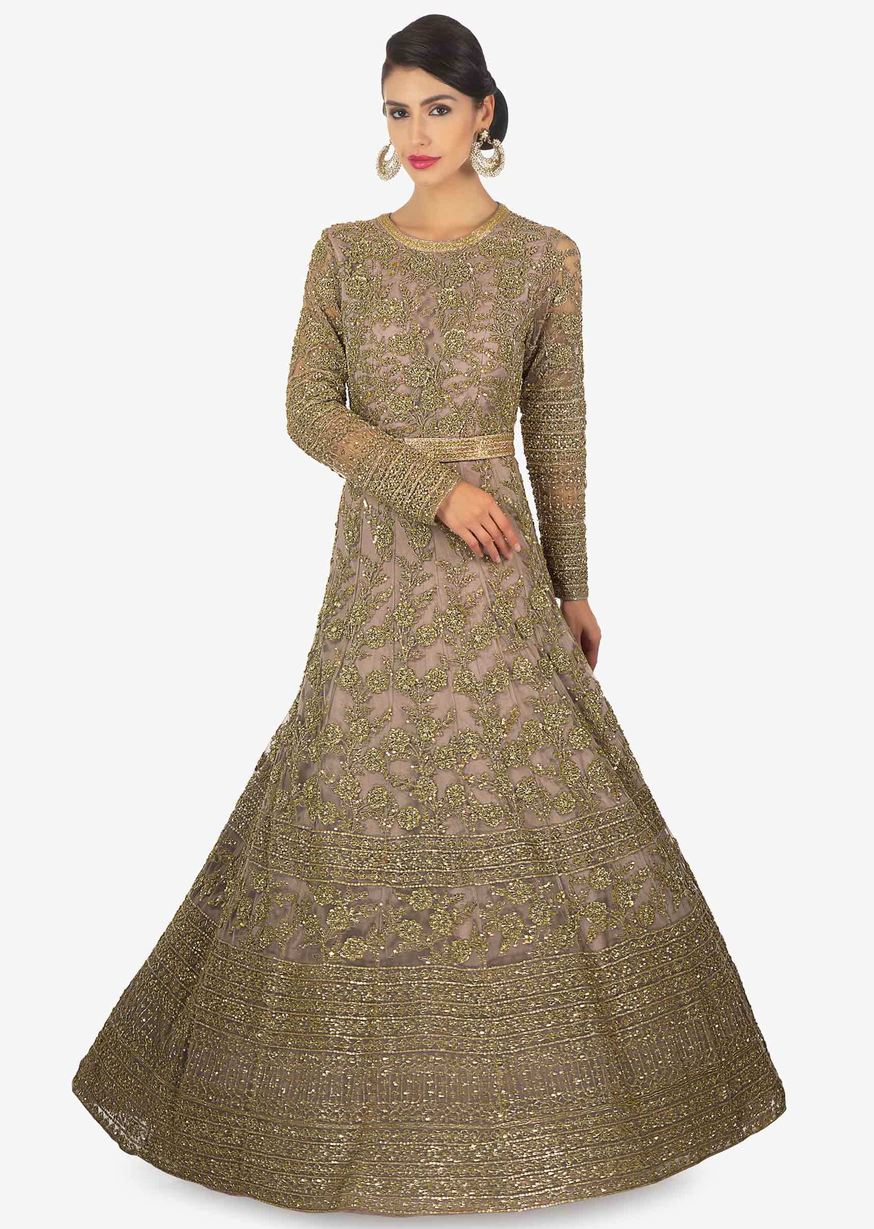 Peanut brown anarkali gown in sequins and cut dana