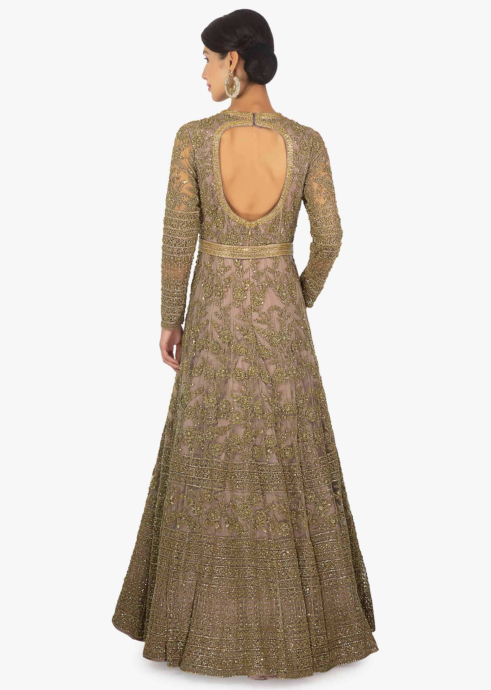 Peanut brown anarkali gown in sequins and cut dana