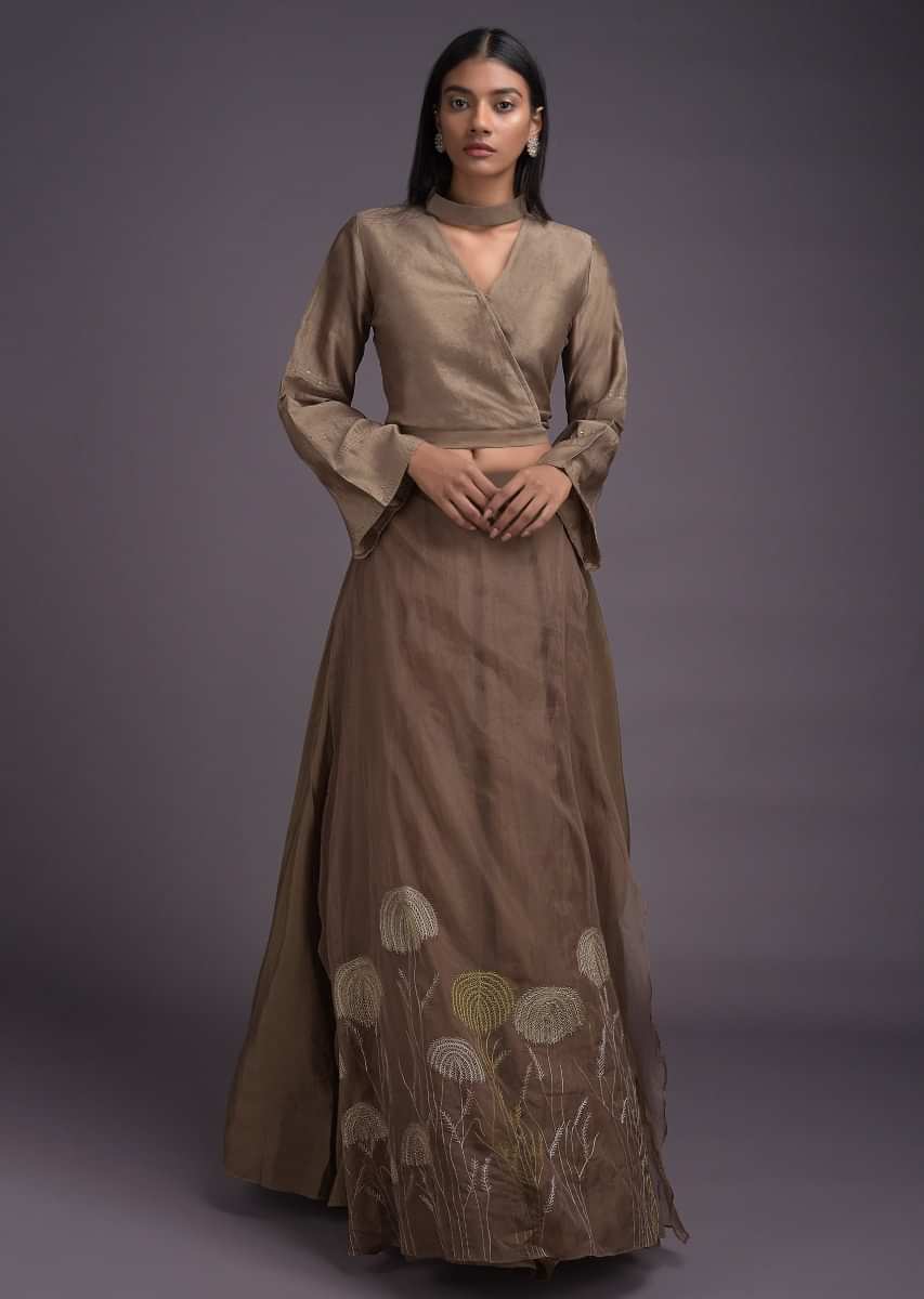 Peanut Brown Lehenga And Crop Top With Embroidered Organza Layer Online - Kalki Fashion