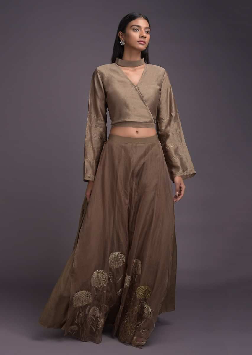 Peanut Brown Lehenga And Crop Top With Embroidered Organza Layer Online - Kalki Fashion