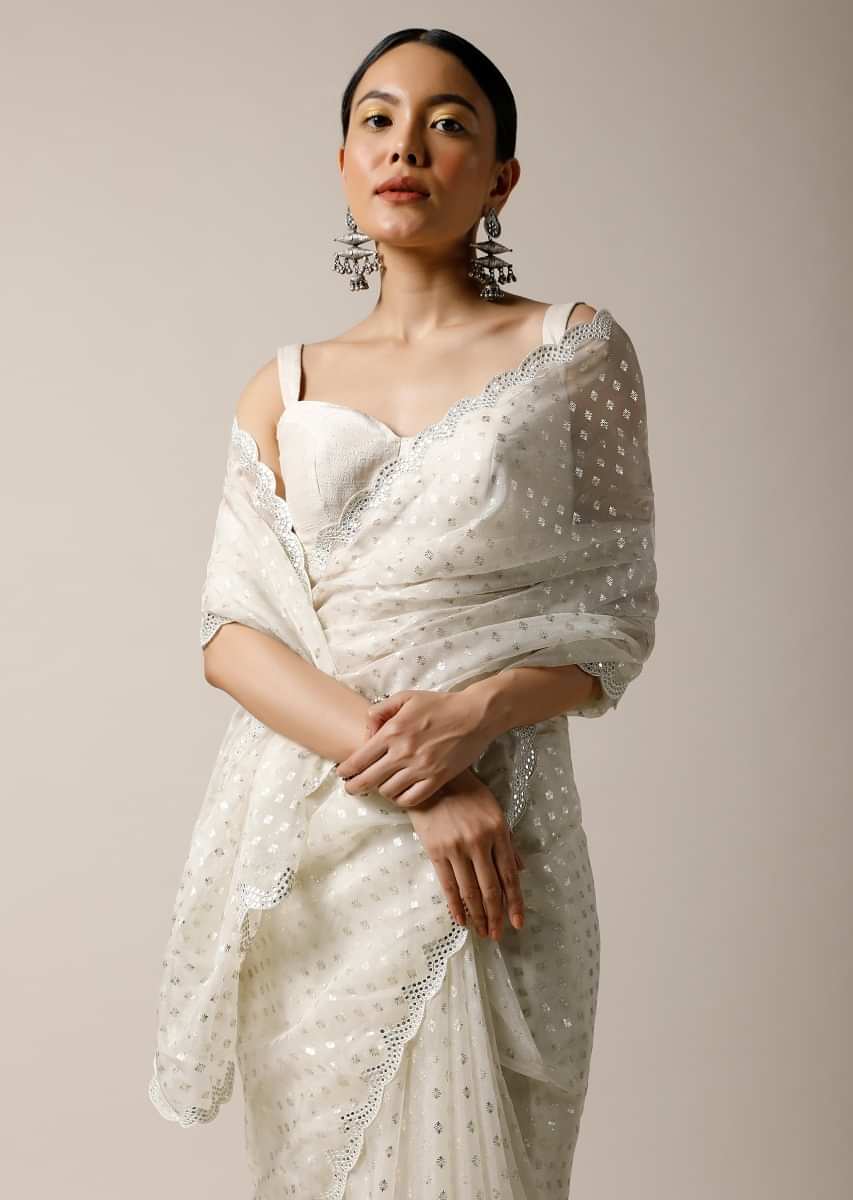 Buy Pearl White Saree In Organza With Foil Printed Buttis And
