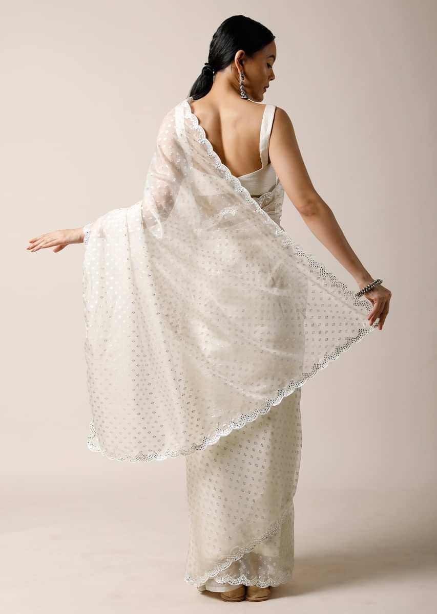LABEL KIARSH Pearl White Embellished Saree with Stitched Blouse