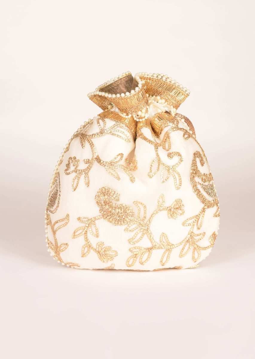 Buy Pearl White Silk Potli With Pita Zari In Floral Pattern Online ...