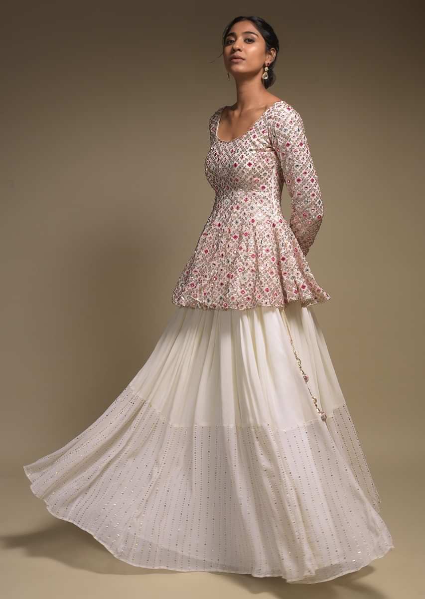 Pearl White Skirt And Peplum Top With Colorful Resham And Abla Embroidery 
