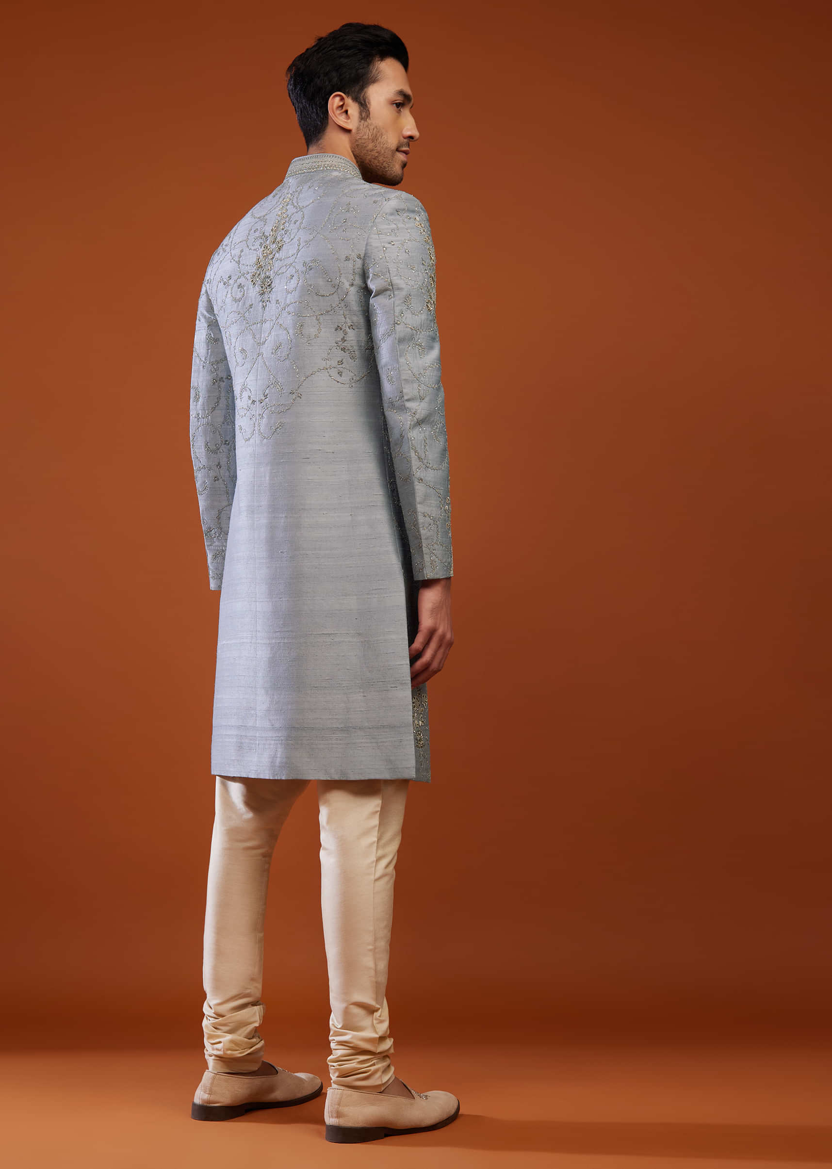 Silver Grey Thread Embroidered Raw Silk Sherwani Set