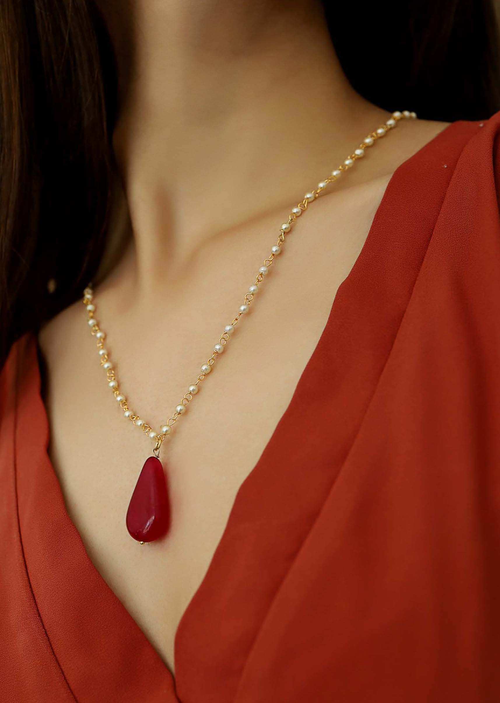 Pearl Necklace With A Red Stone Drop Pendant In The Centre