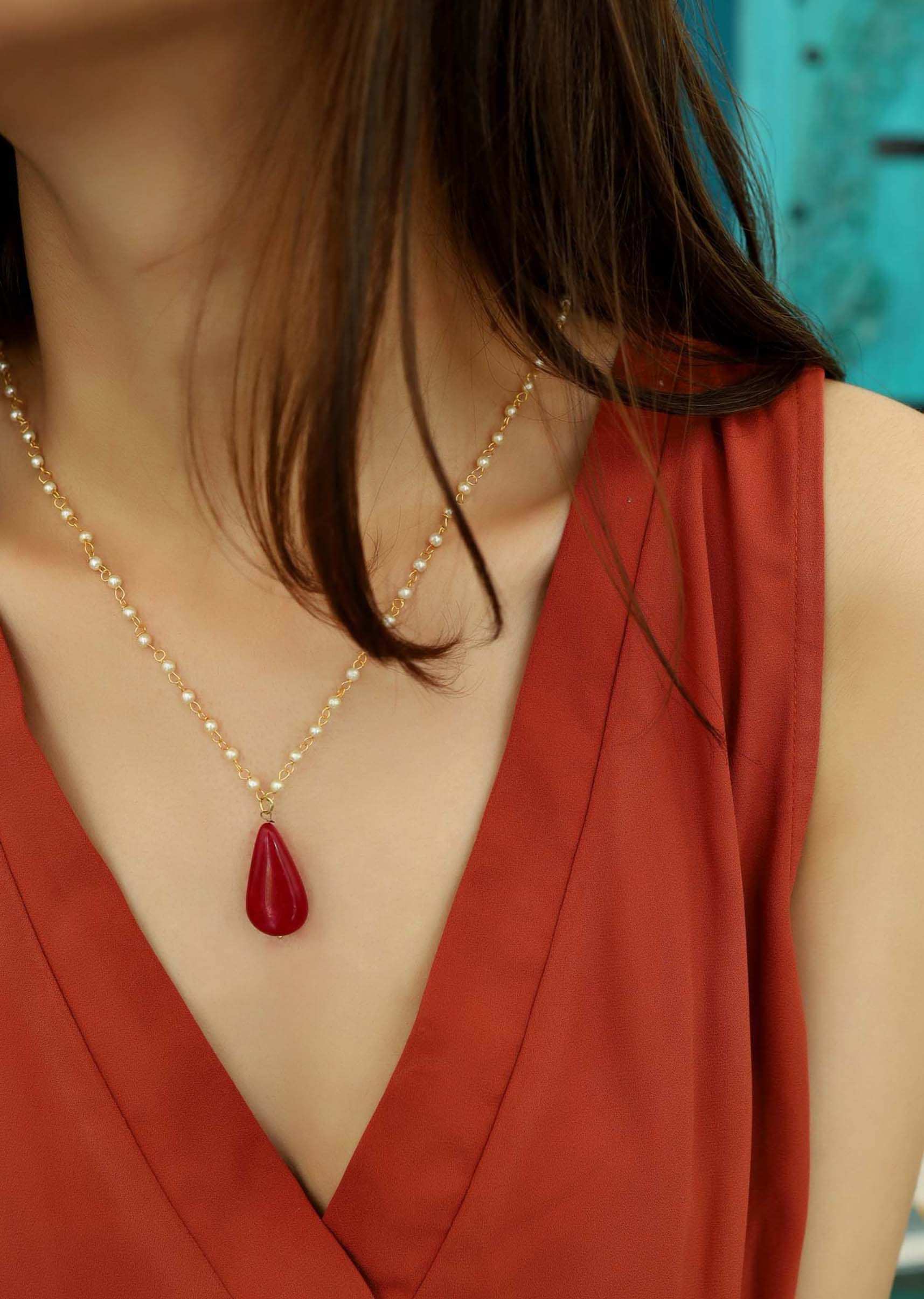 Pearl Necklace With A Red Stone Drop Pendant In The Centre