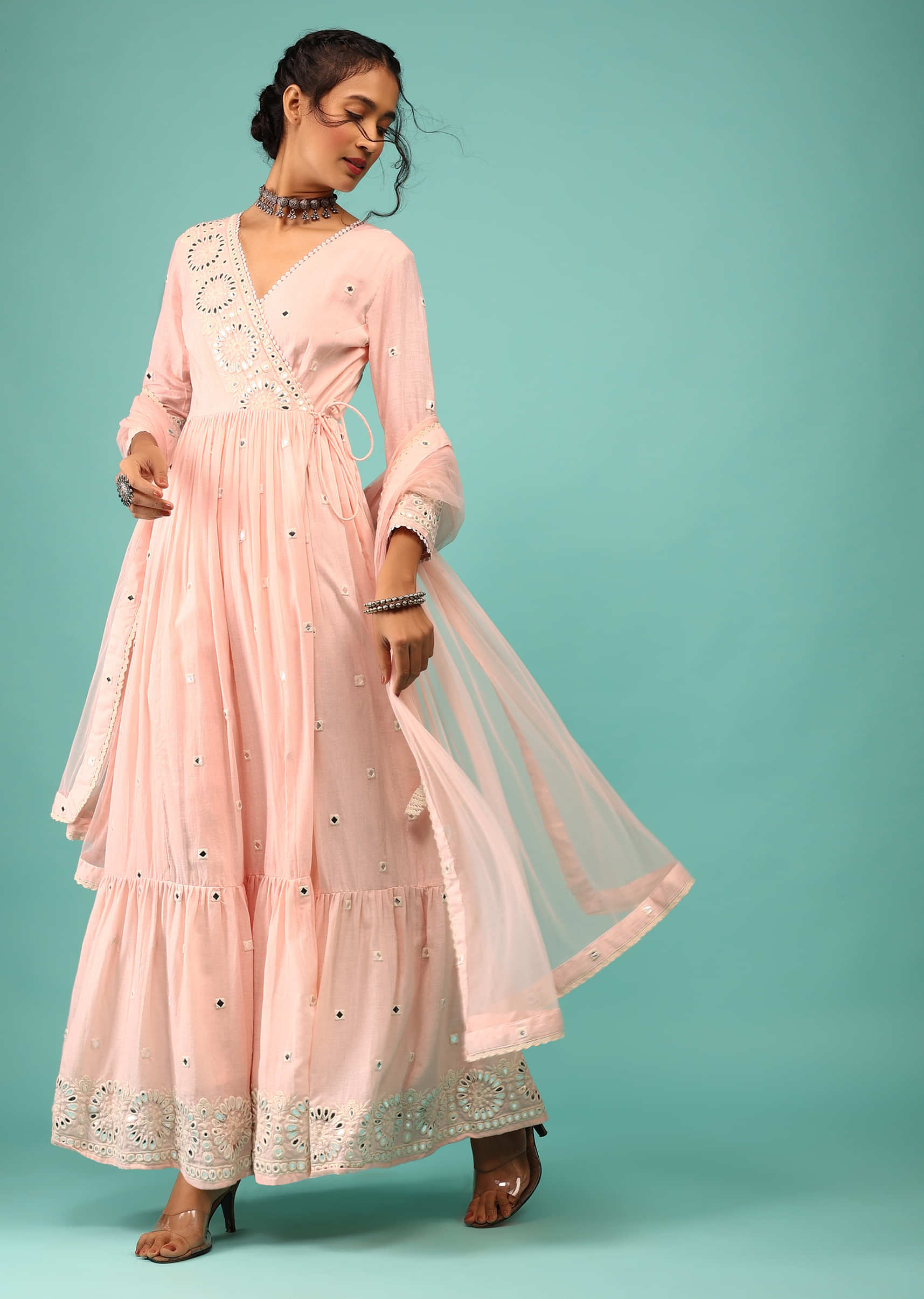Pearl Pink Anarkali Kurta In Floral Lucknowi Embroidery With Angrakha Pattern & Surplice Neckline