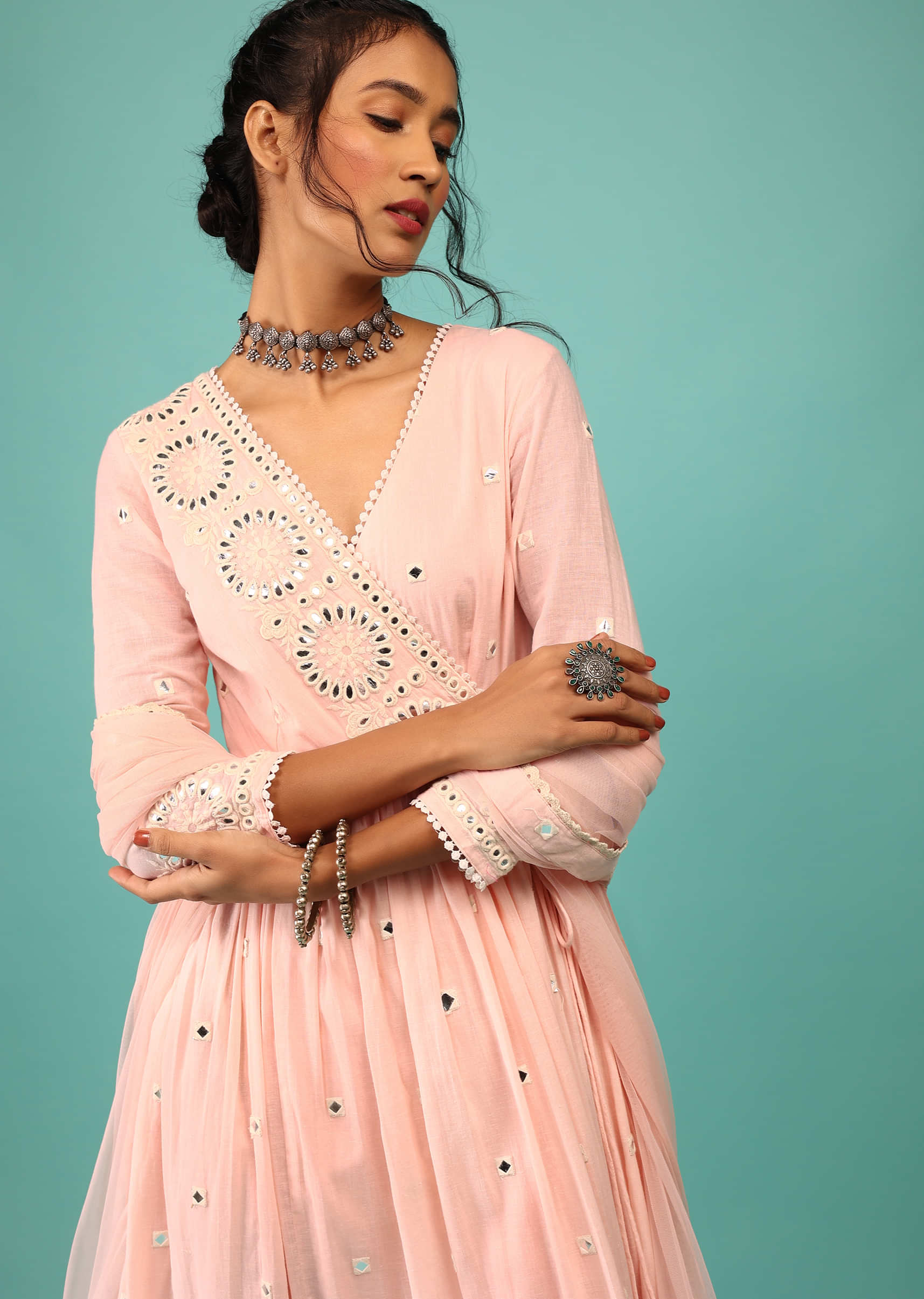 Candy Pink Anarkali Kurta In Floral Lucknowi Embroidery With Angrakha Pattern & Surplice Neckline