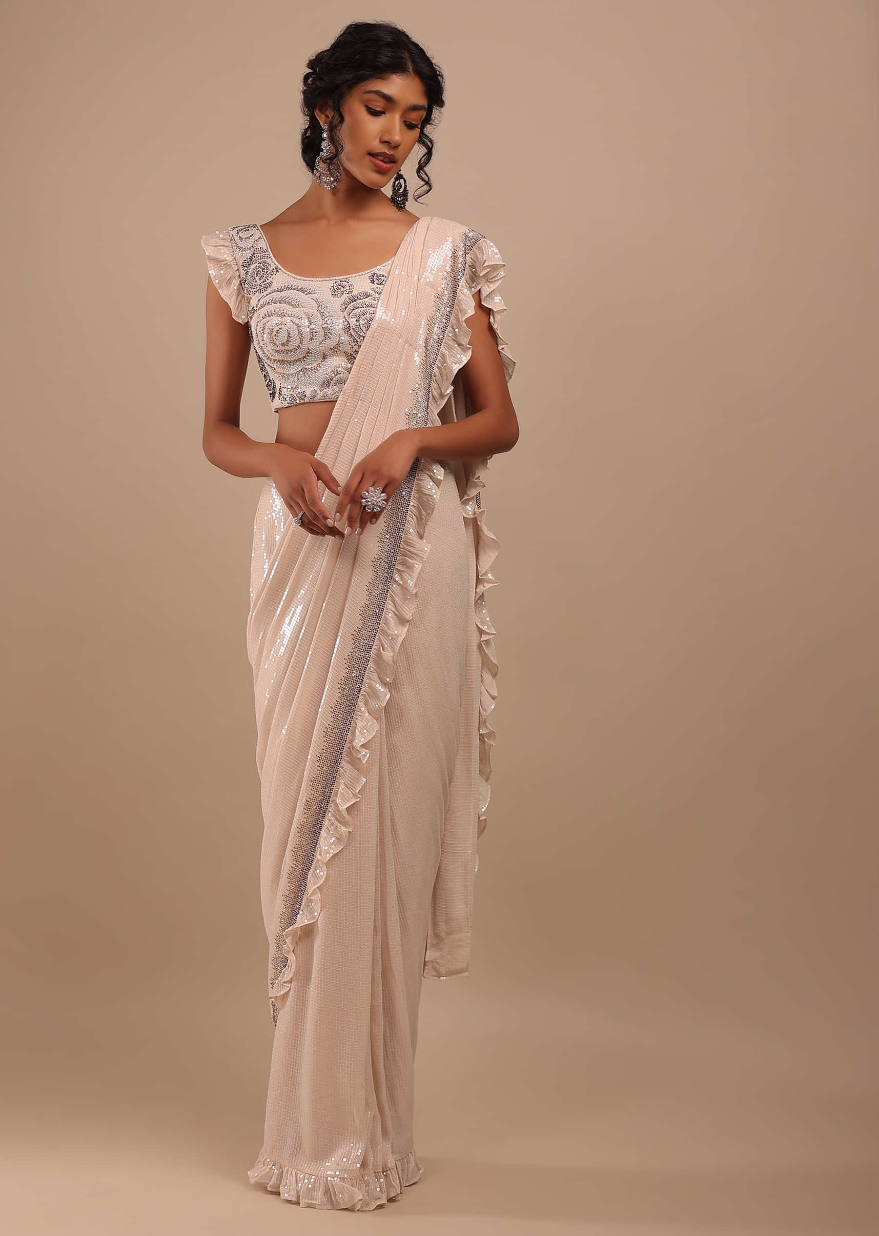 Pearl Pink Sequins Saree With Frills On The Border, Crafted In Georgette In Multi-Color Beads Embroidery