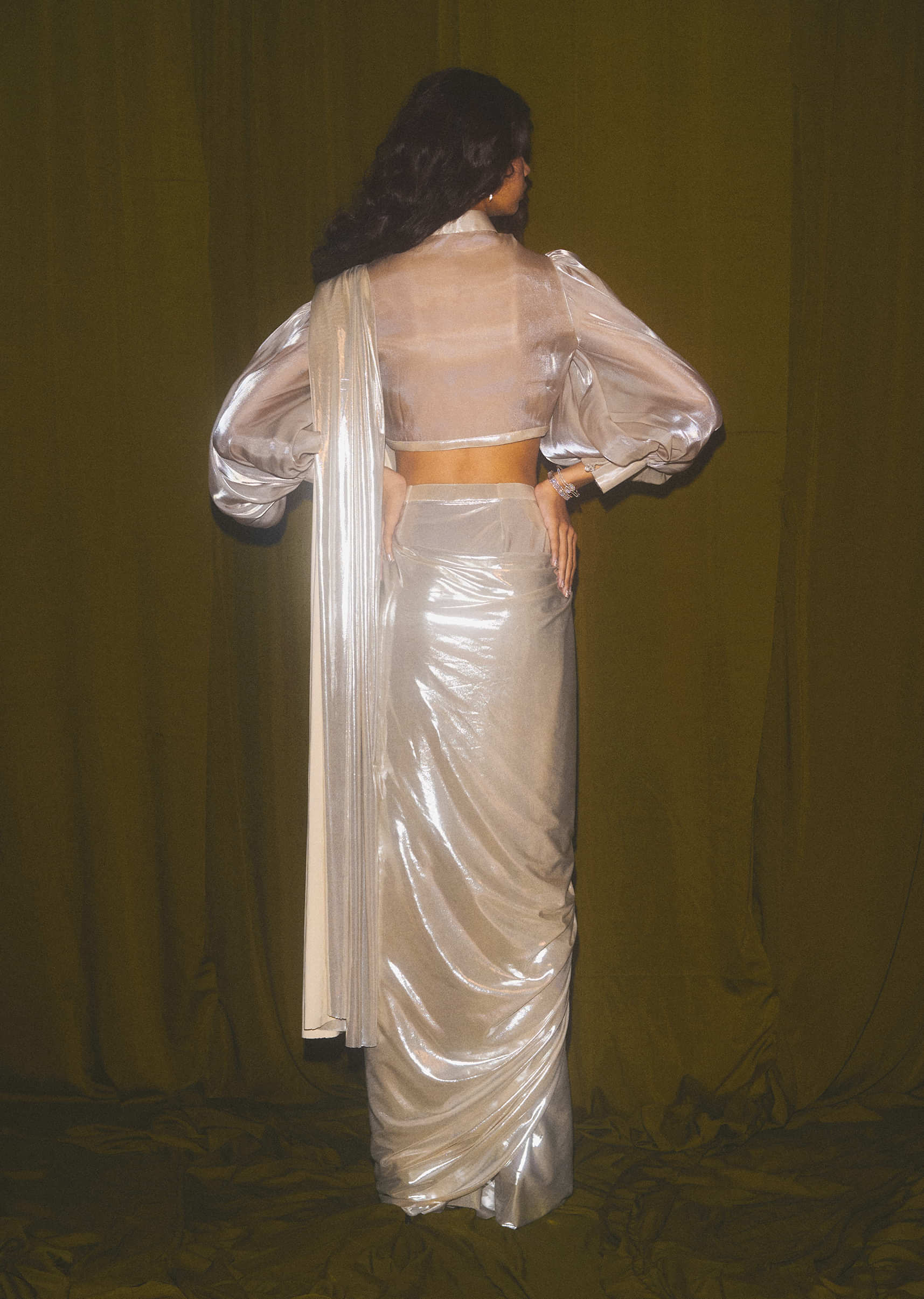 Pearl Ready Pleated Saree In Metallic Lycra With Organza Blouse Featuring Bishop Sleeves Online