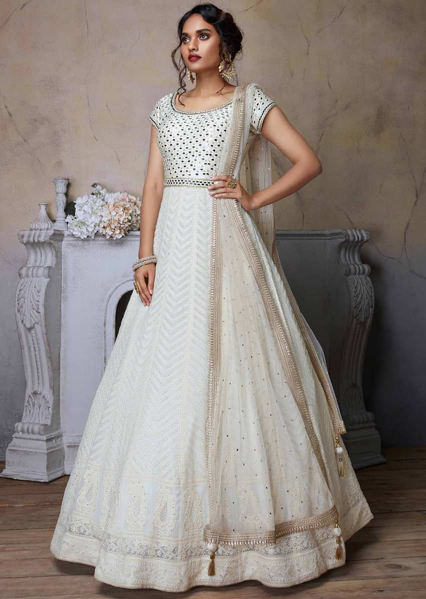 Pearl White Anarkali Suit With Lucknowi And Abla Embroidery 